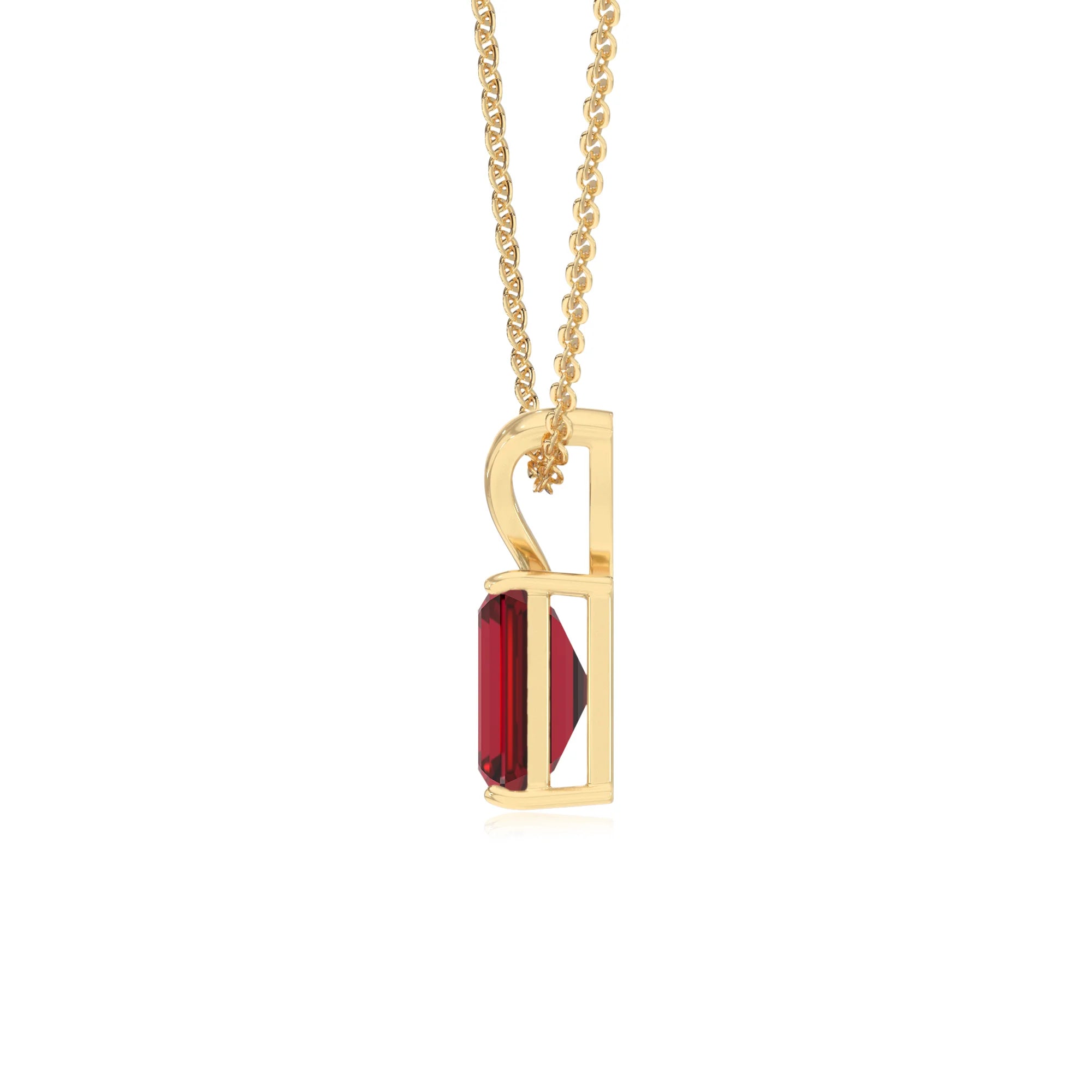 lab grown ruby emerald cut solitaire v-bale necklaces in yellow gold