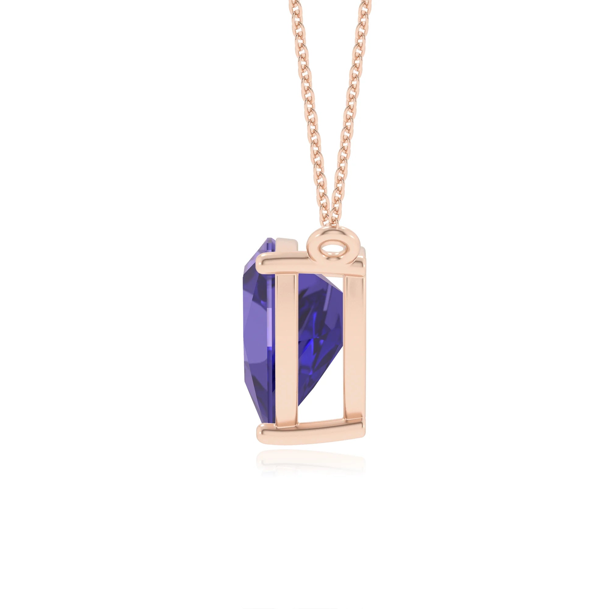 lab grown tanzanite trillion solitaire necklaces in rose gold