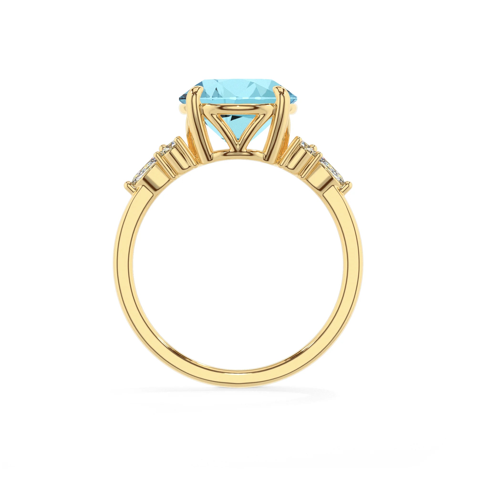 lab grown aquamarine round solitaire rings in yellow gold