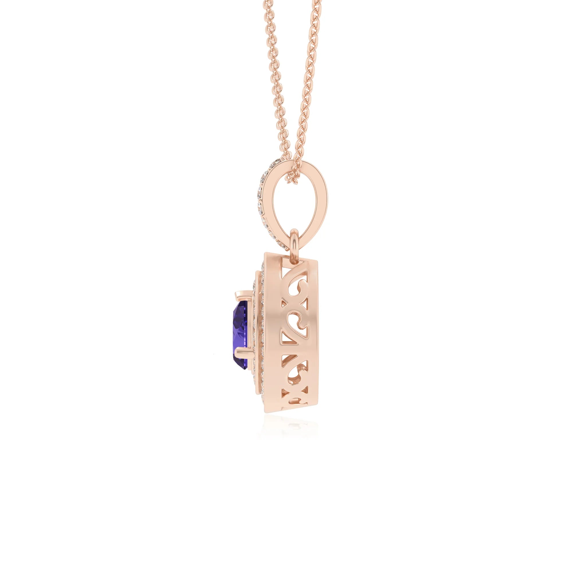 lab grown tanzanite pear halo necklaces in rose gold