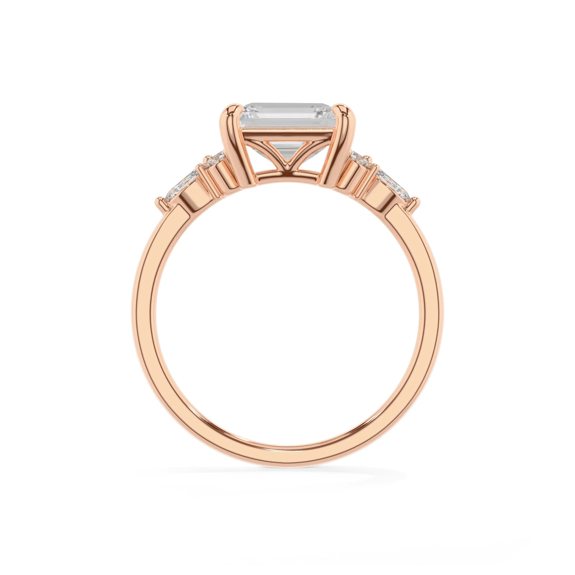 lab grown moissanite emerald cut solitaire rings in rose gold
