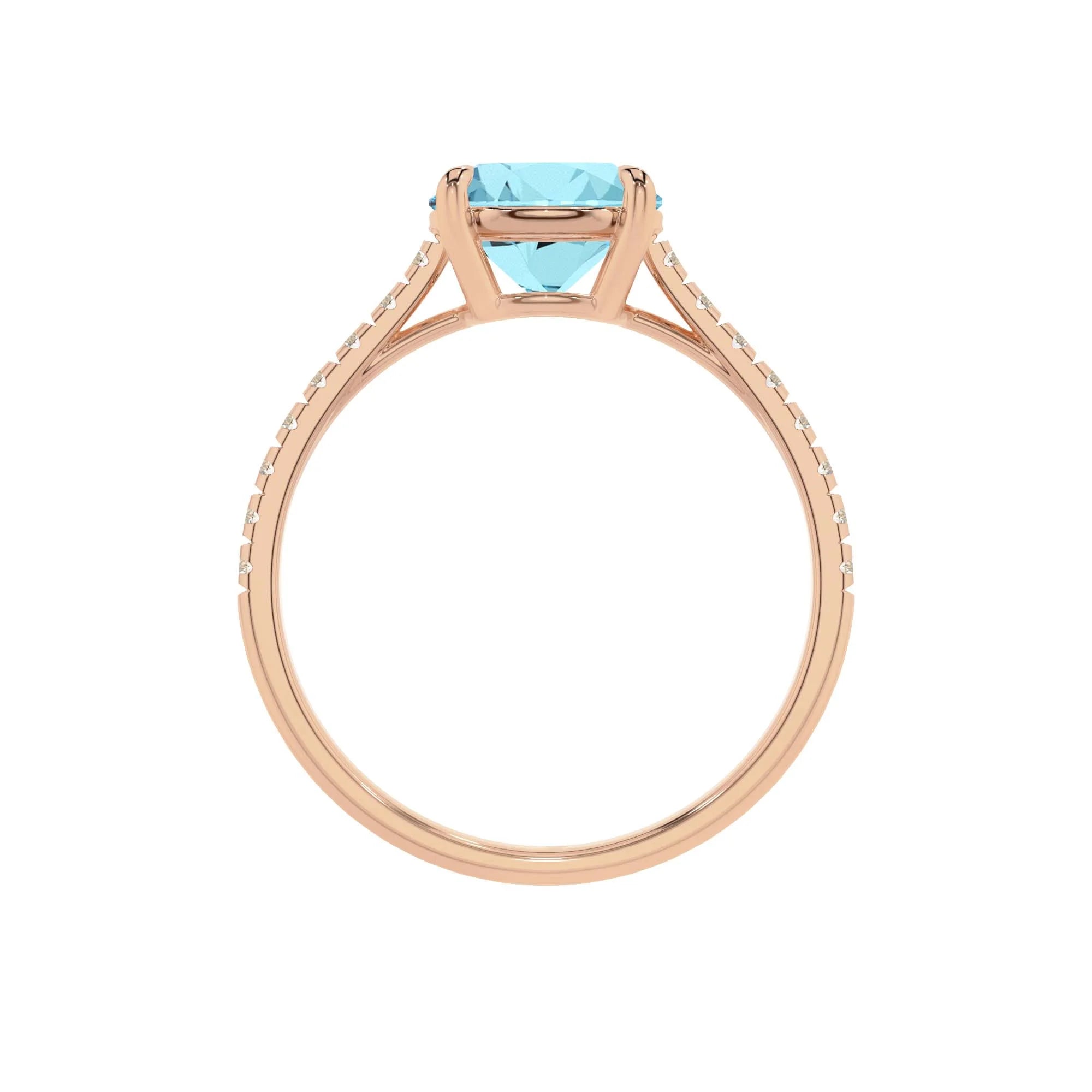 lab grown aquamarine round half eternity solitaire engagement rings in rose gold