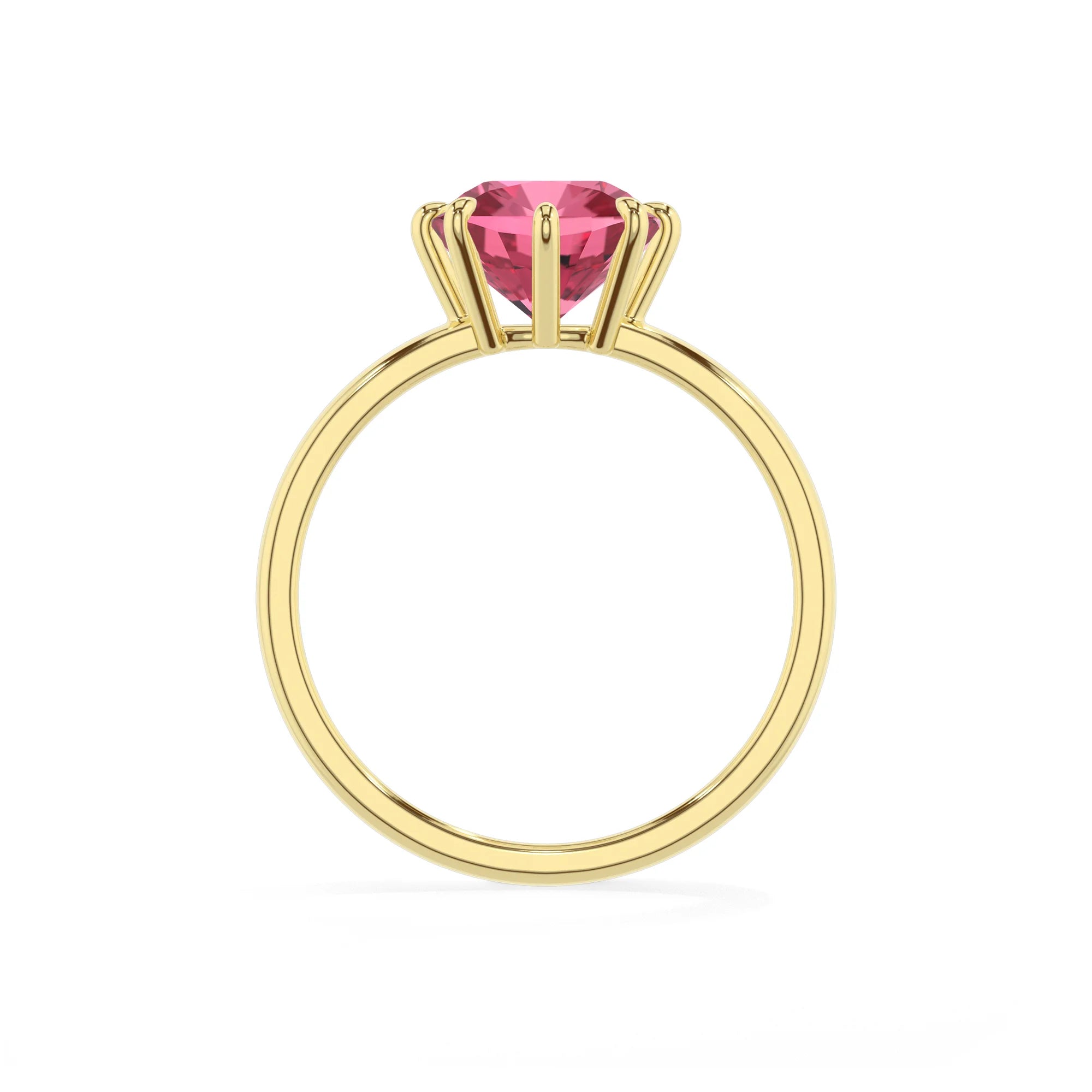lab grown pink-tourmaline cushion solitaire rings in yellow gold