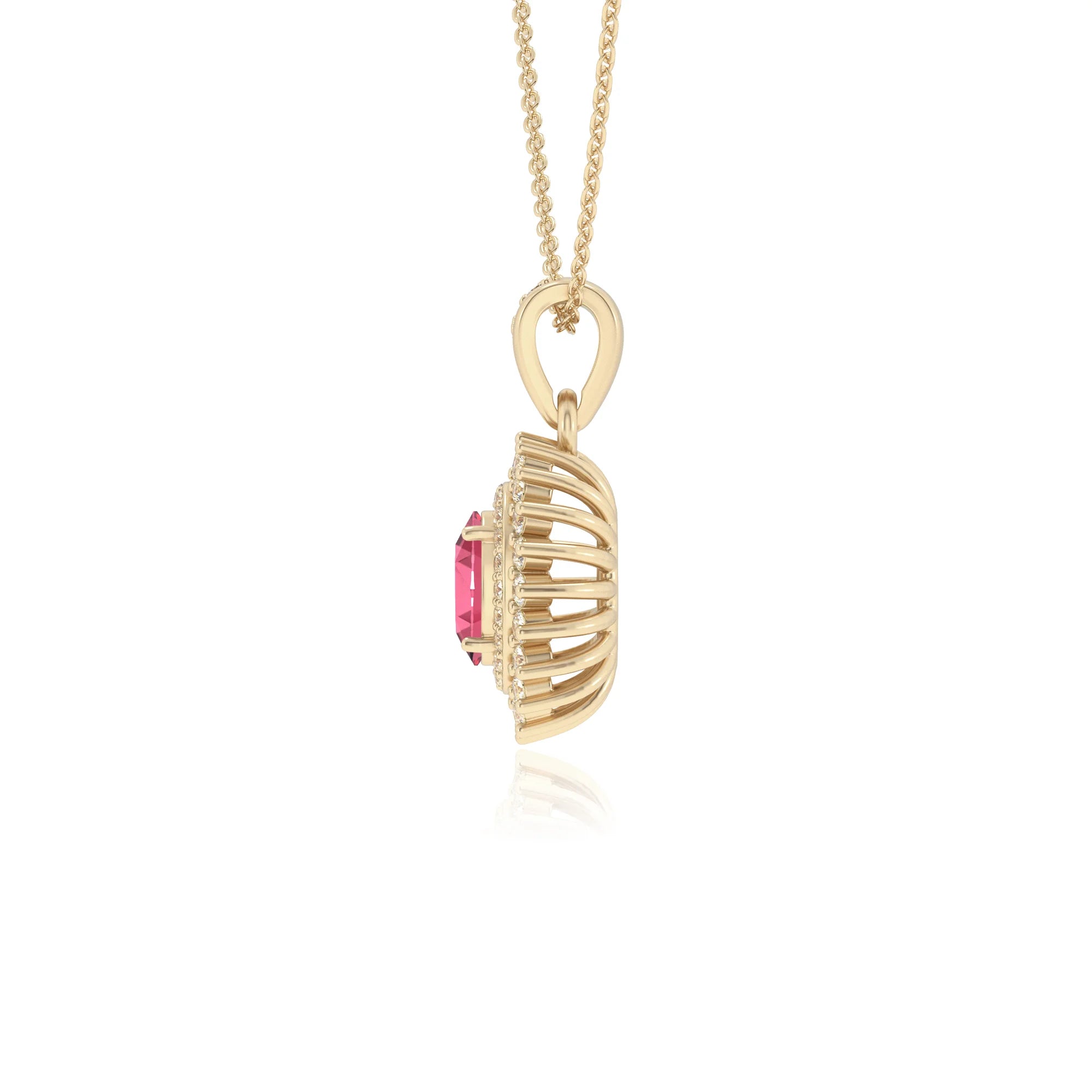 lab grown pink-tourmaline oval halo necklaces in yellow gold