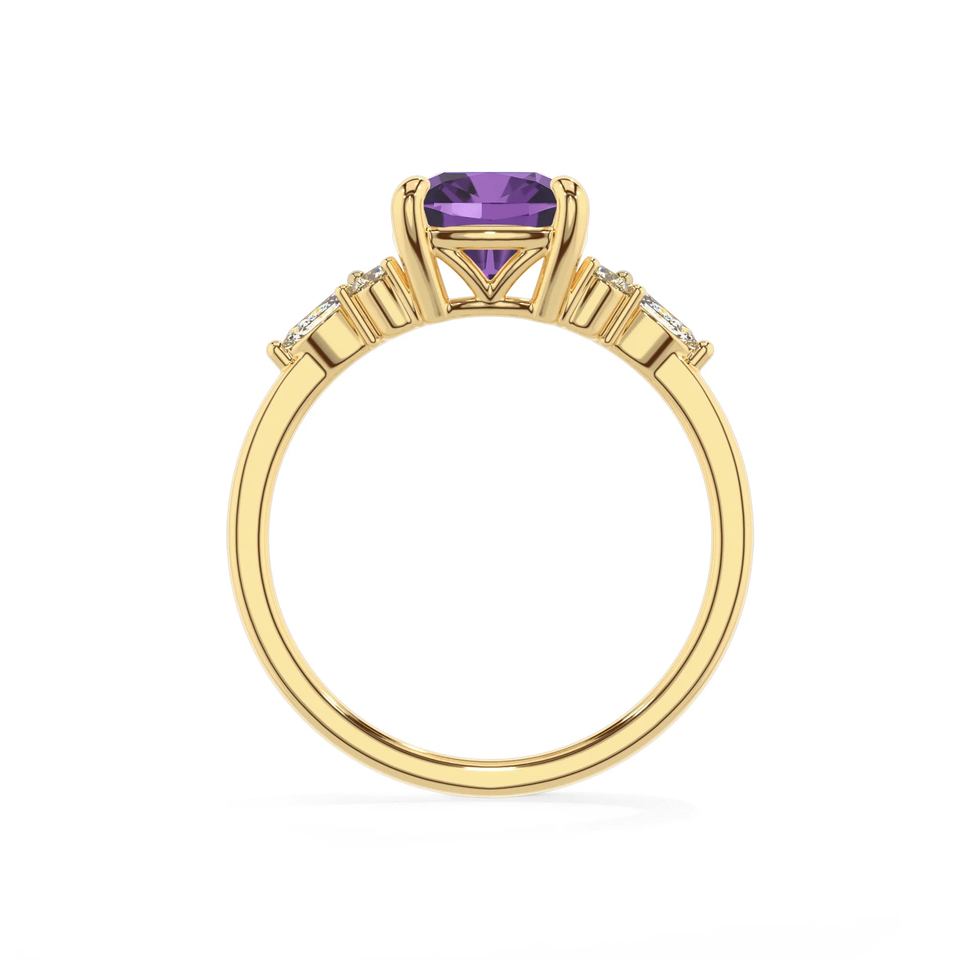 lab grown amethyst cushion solitaire rings in yellow gold