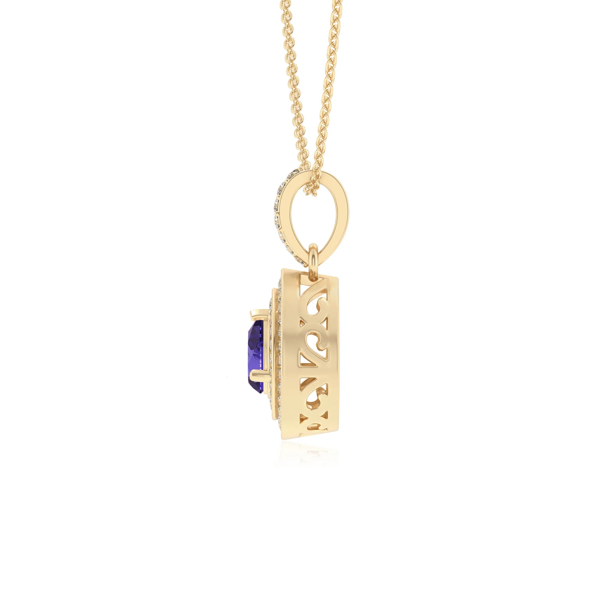lab grown tanzanite pear halo necklaces in yellow gold