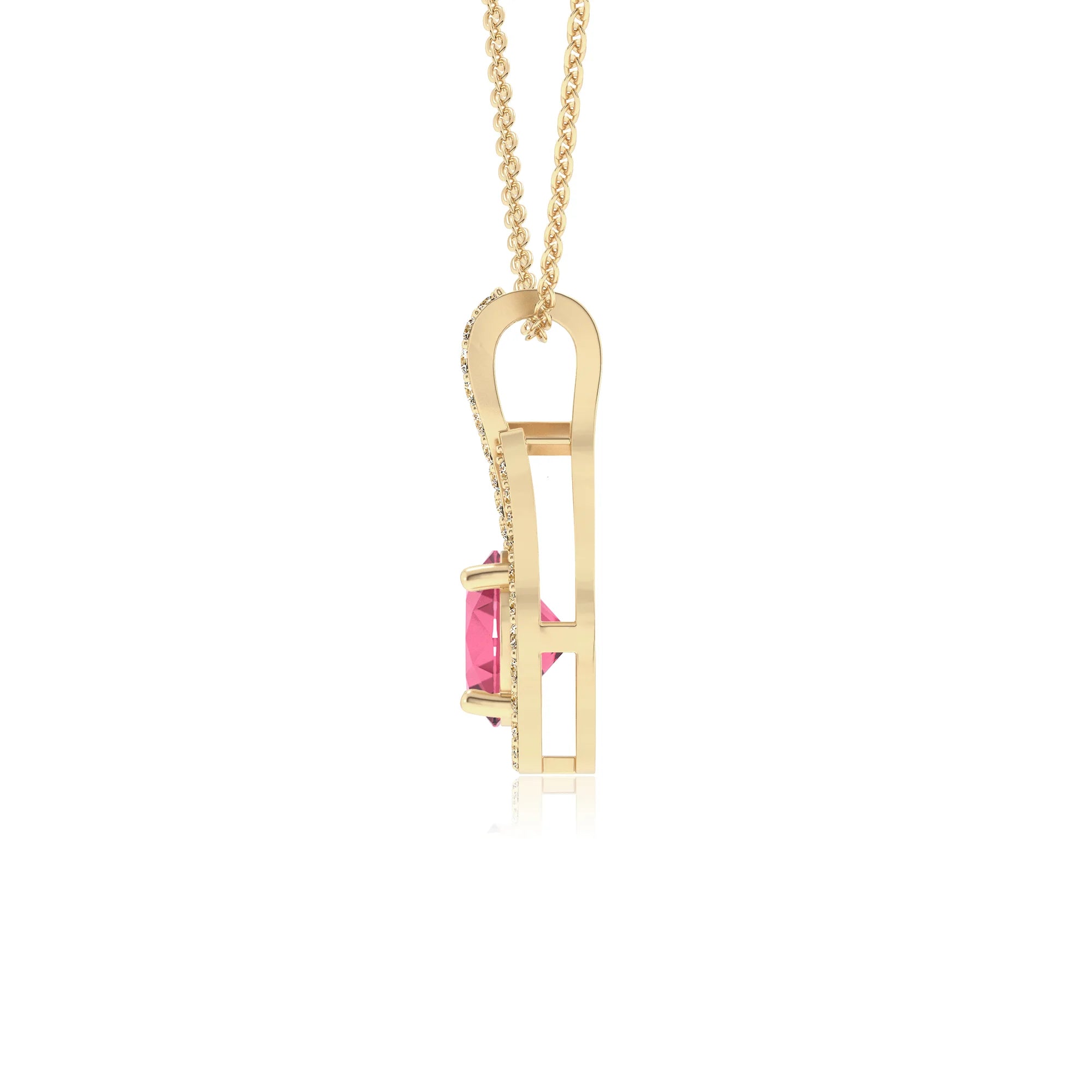 lab grown pink-tourmaline round solitaire necklaces in yellow gold