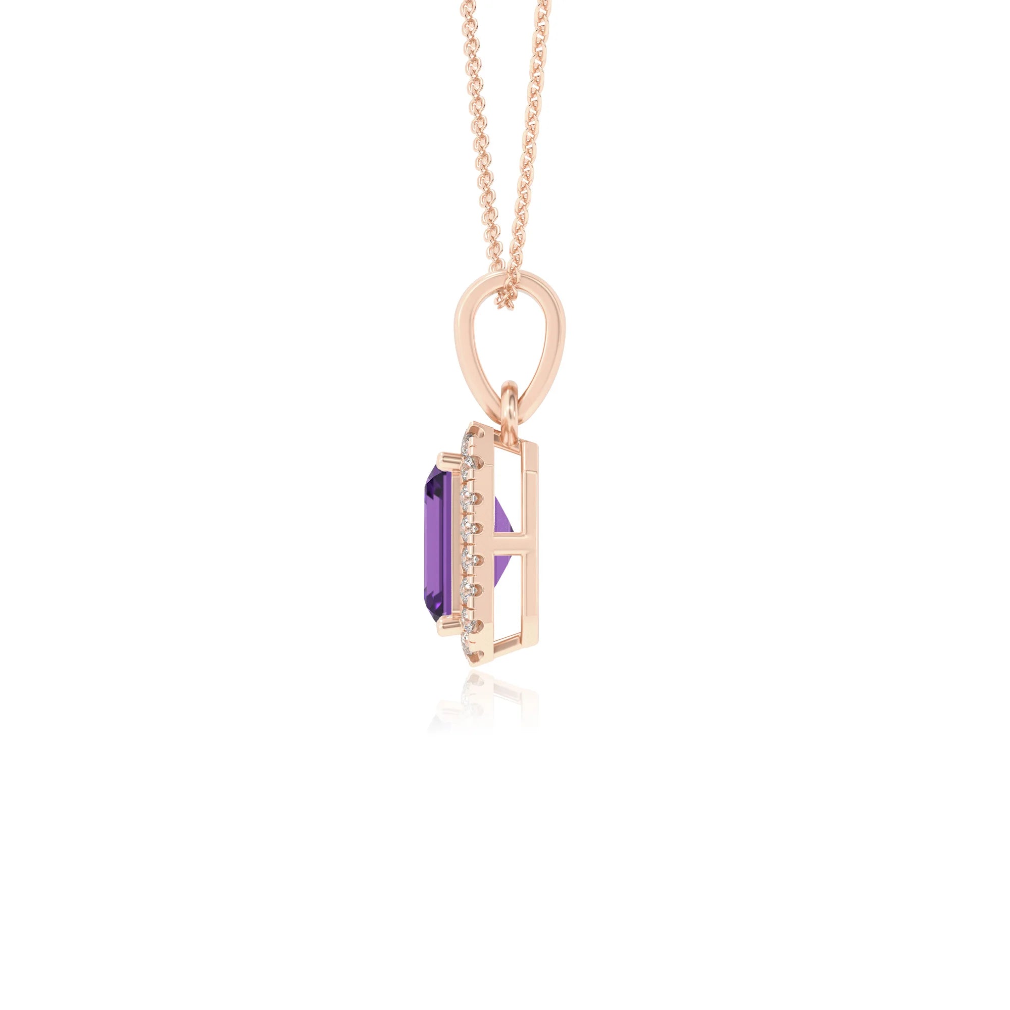 lab grown amethyst emerald cut solitaire necklaces in rose gold