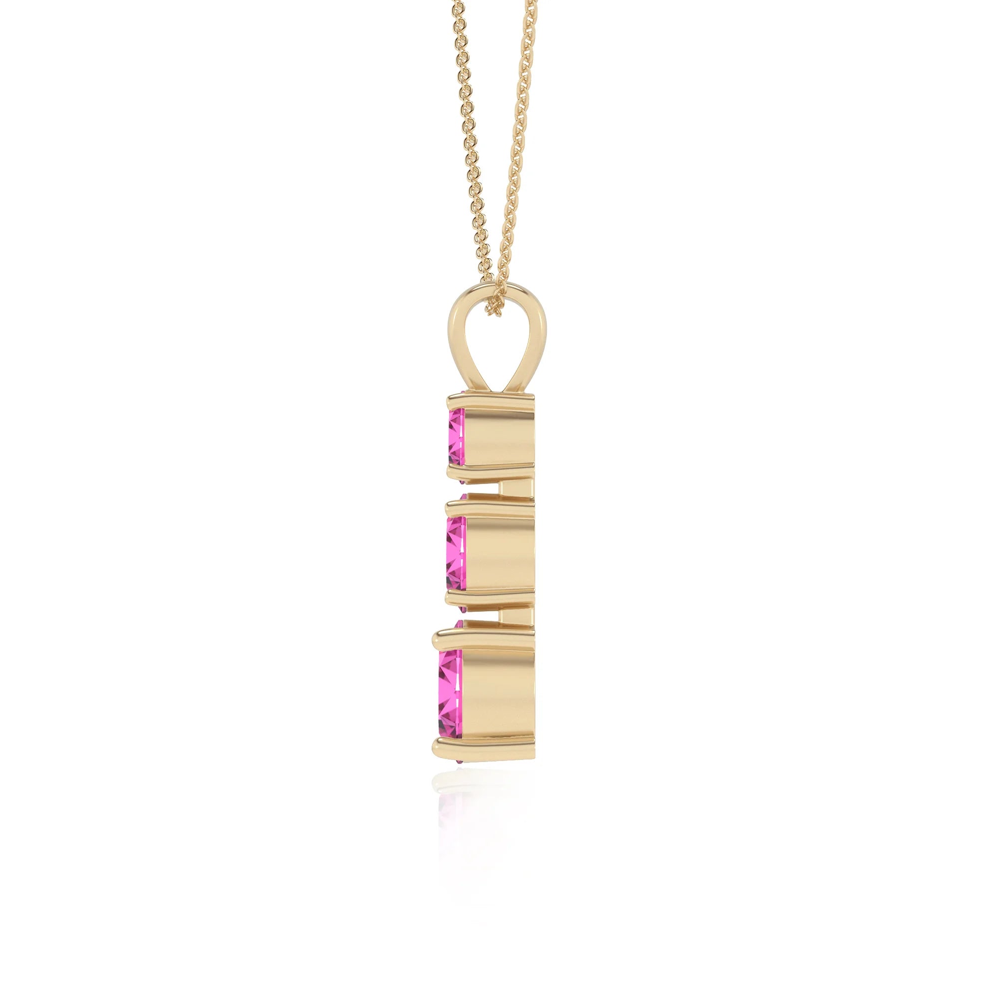 lab grown pink-sapphire round bar v-bale necklaces in yellow gold