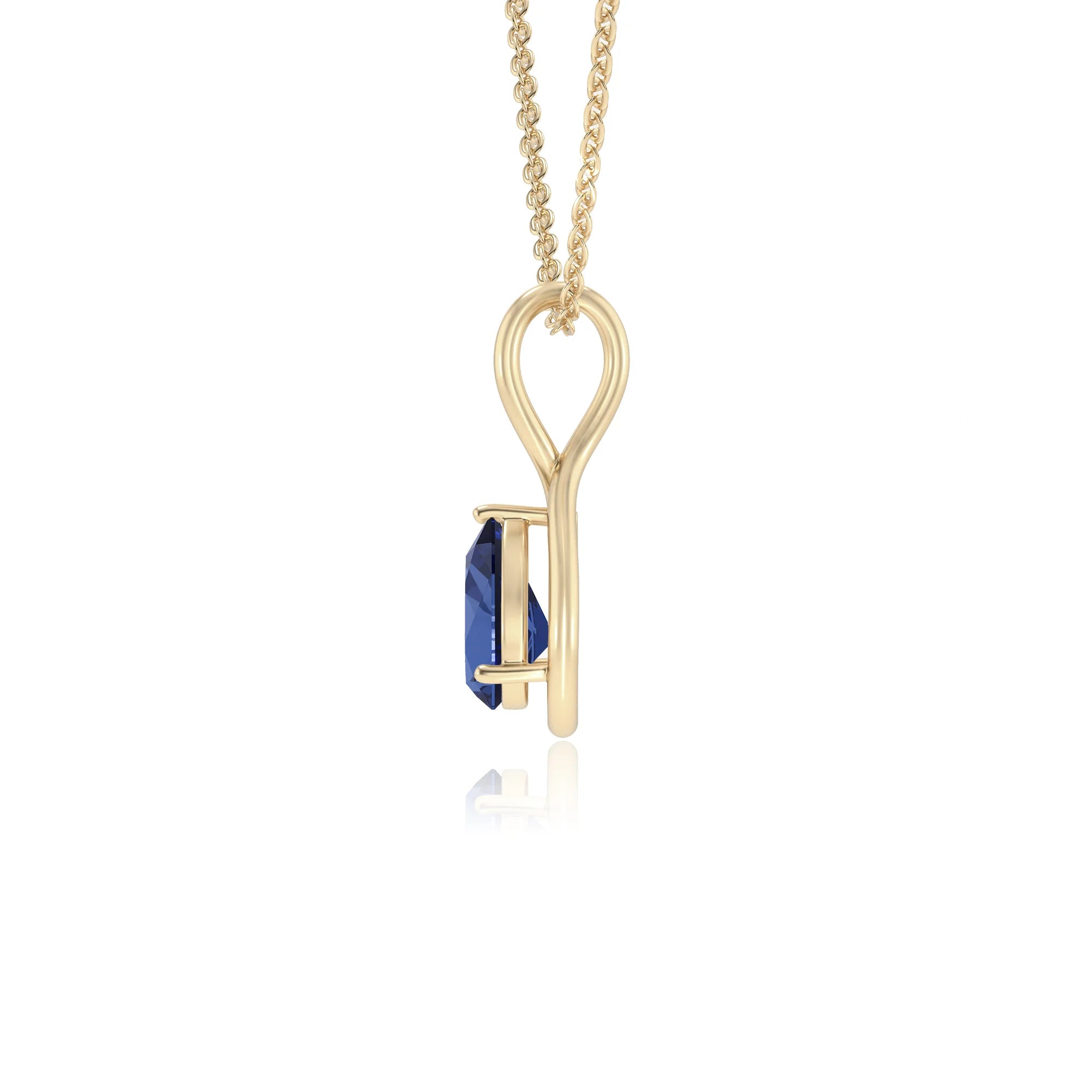 lab grown blue-sapphire pear solitaire necklaces in yellow gold