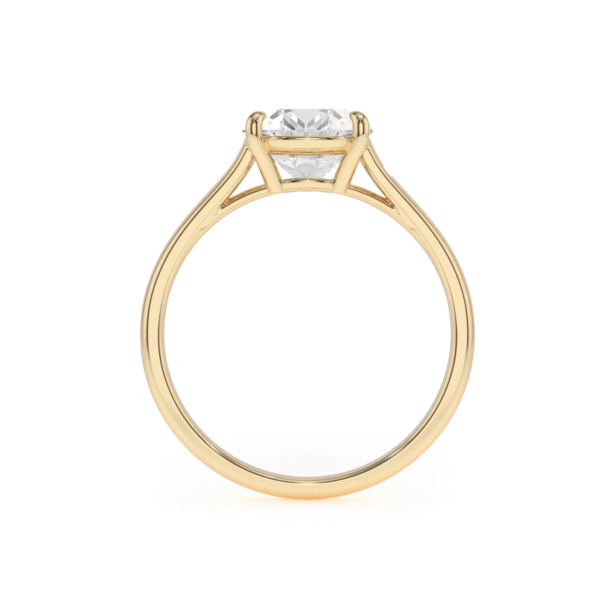 lab grown moissanite cushion solitaire rings in yellow gold