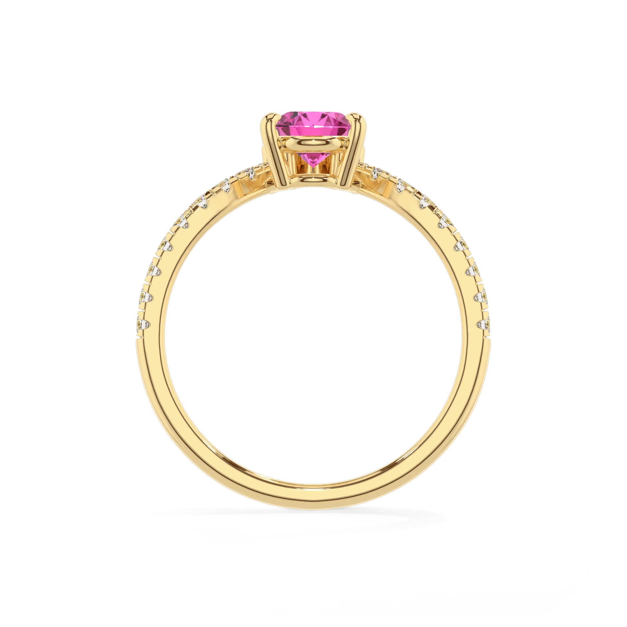 lab grown pink-sapphire pear solitaire rings in yellow gold