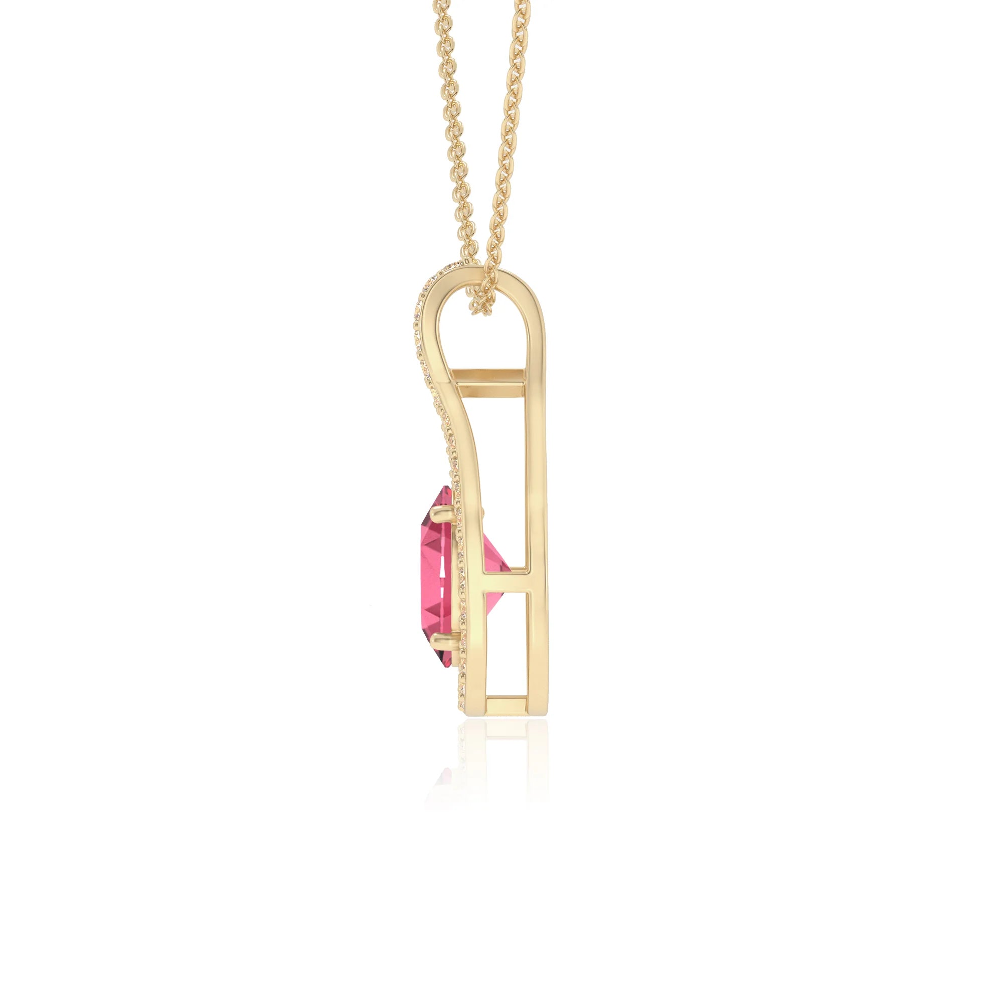 lab grown pink-tourmaline oval solitaire necklaces in yellow gold
