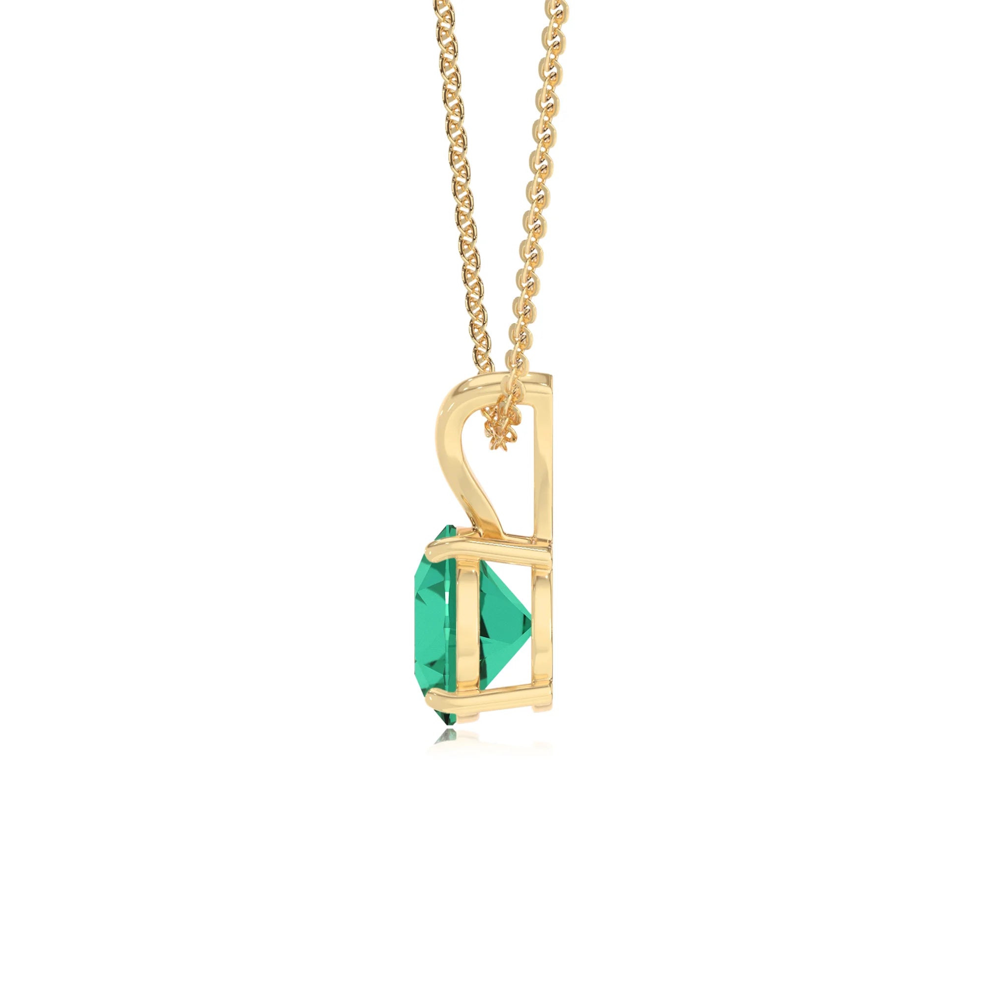 lab grown emerald round solitaire v-bale necklaces in yellow gold