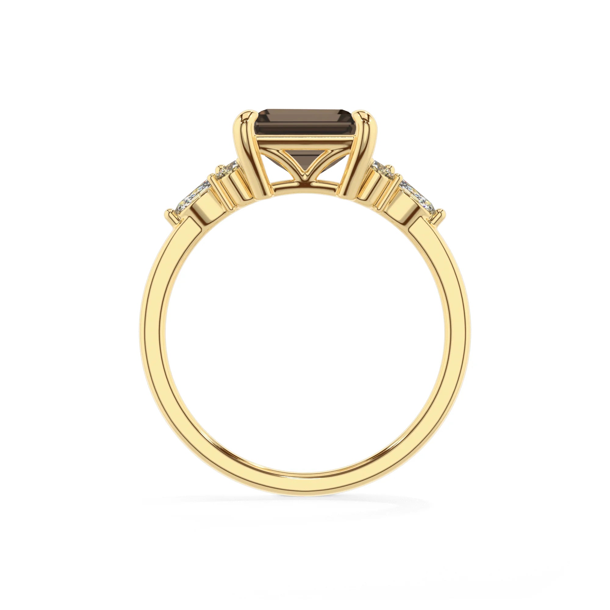 natural smoky-quartz emerald cut solitaire rings in yellow gold
