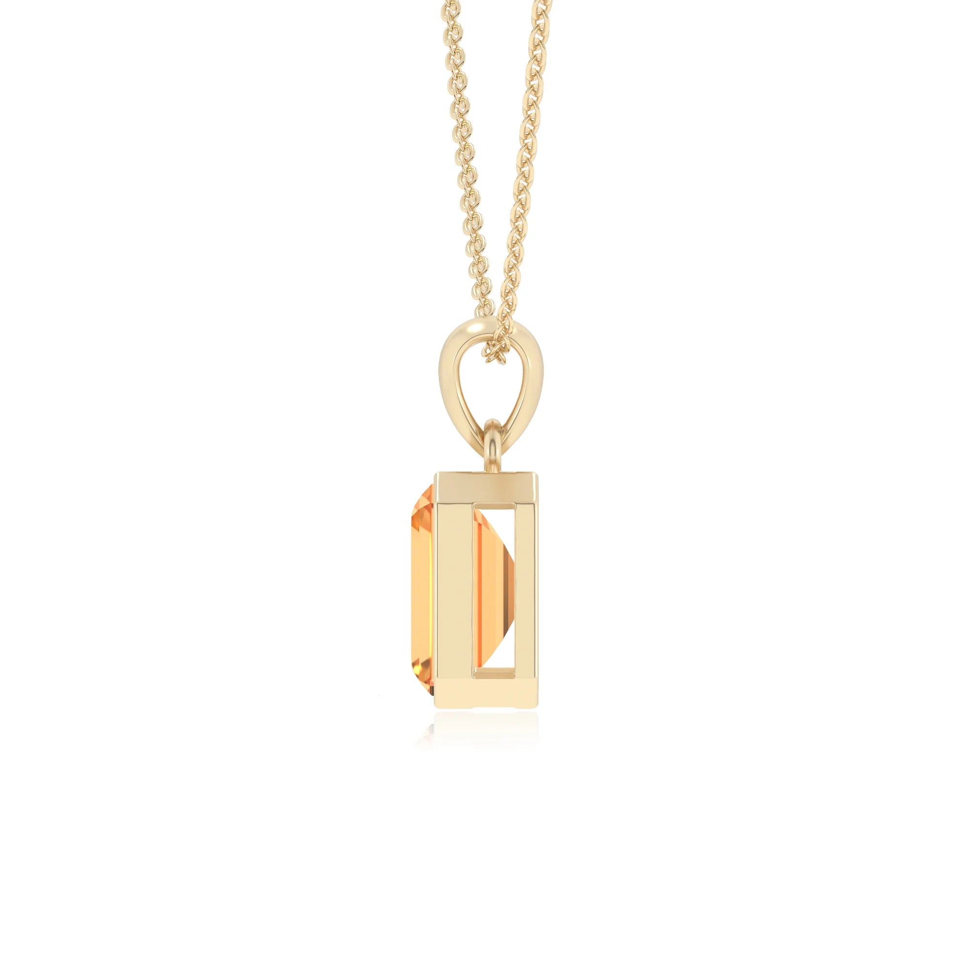 lab grown citrine emerald cut solitaire necklaces in yellow gold
