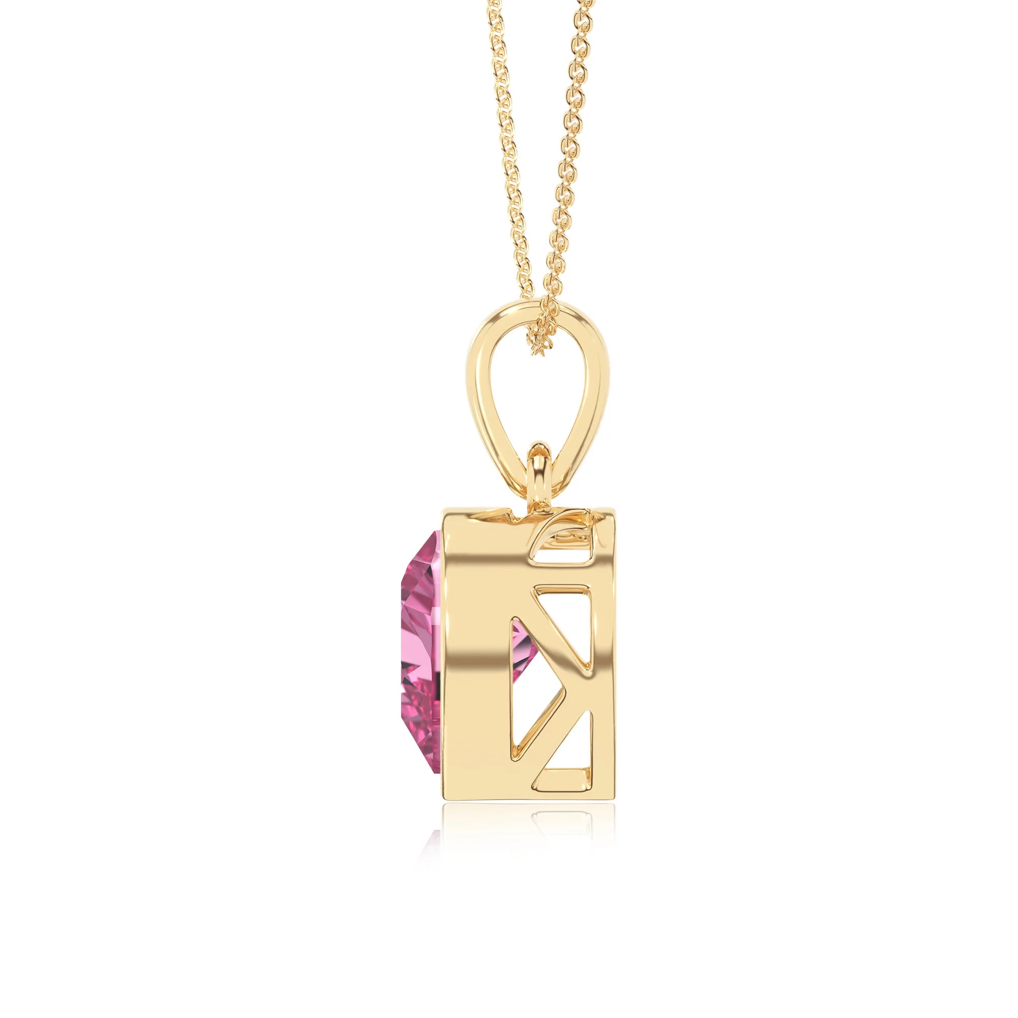 lab grown pink-sapphire heart solitaire necklaces in yellow gold