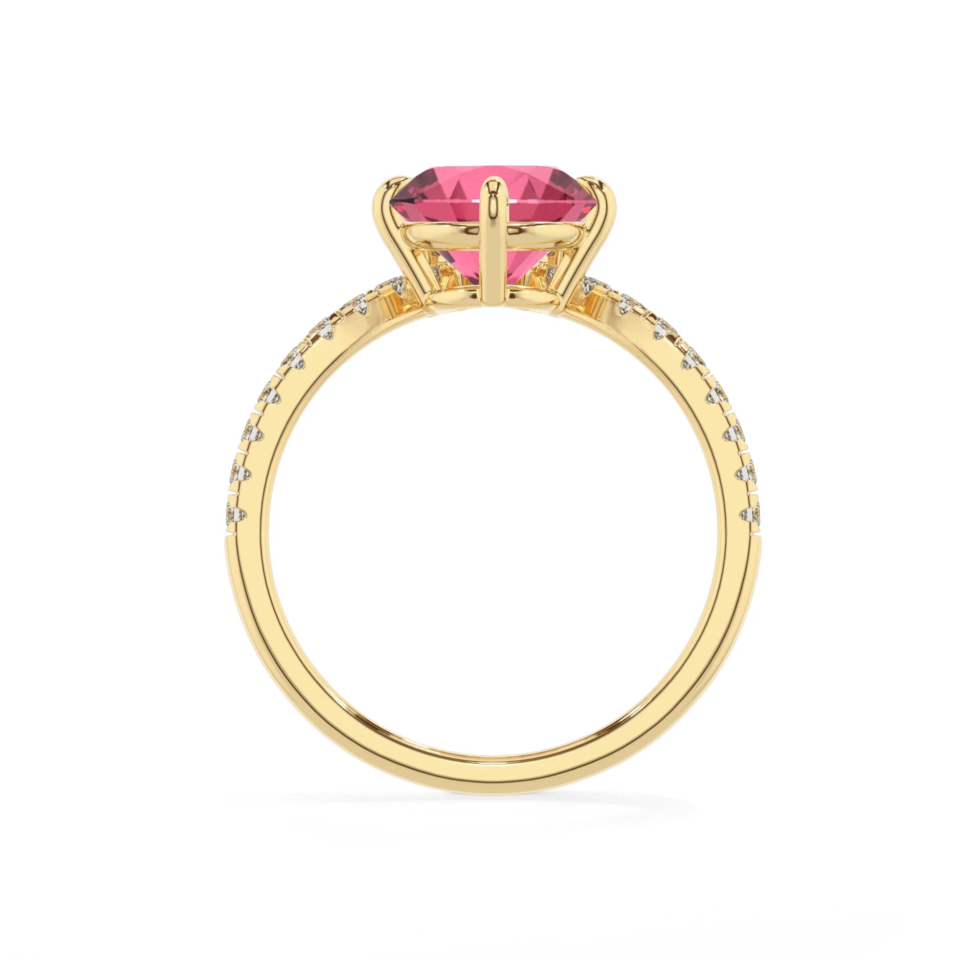 lab grown pink-tourmaline round solitaire rings in yellow gold