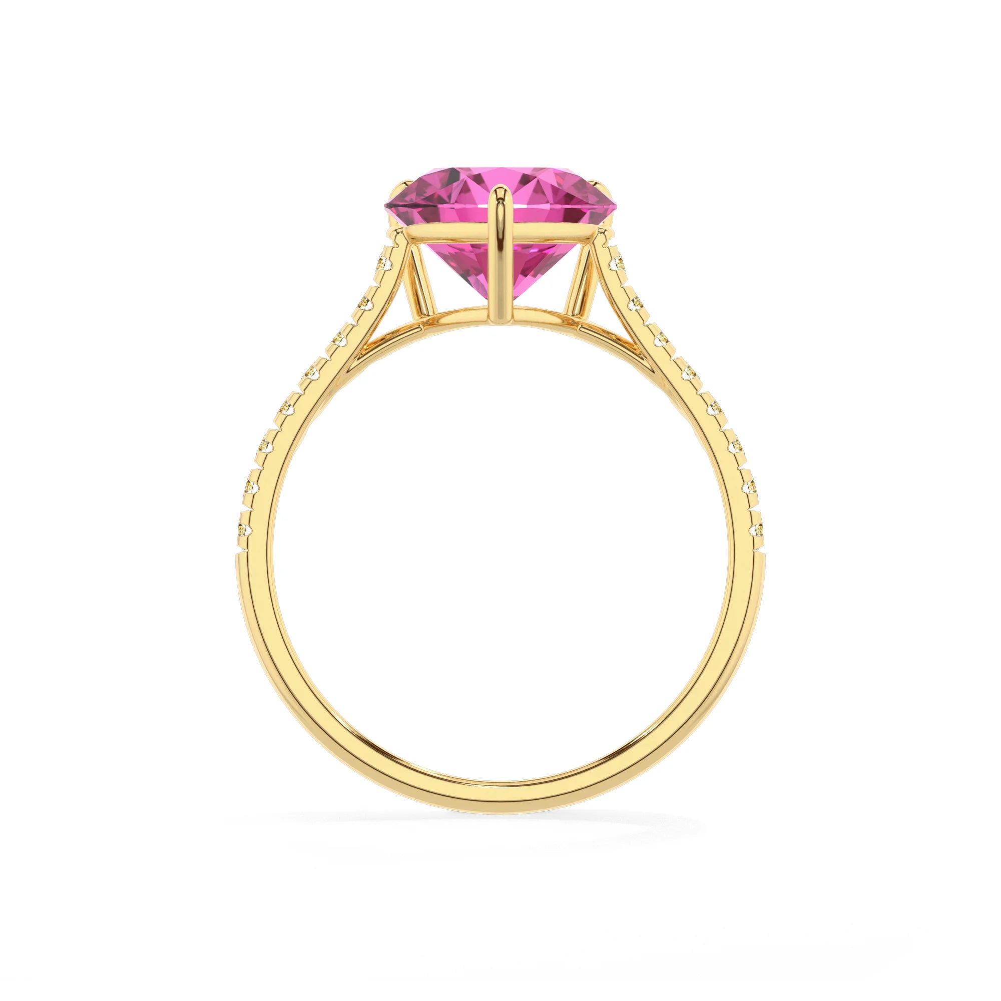 lab grown pink-sapphire heart half eternity solitaire engagement rings in yellow gold