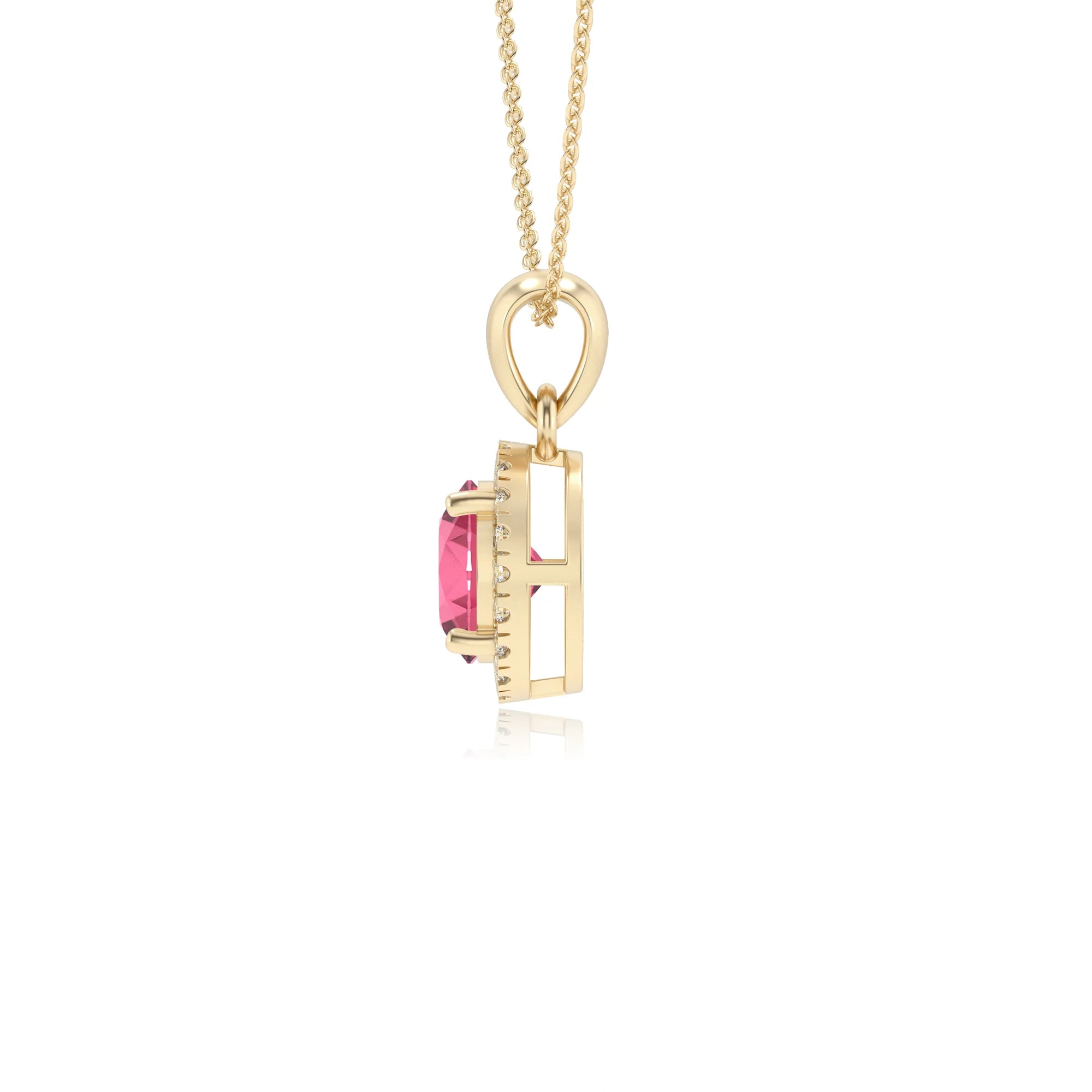 lab grown pink-tourmaline round solitaire necklaces in yellow gold