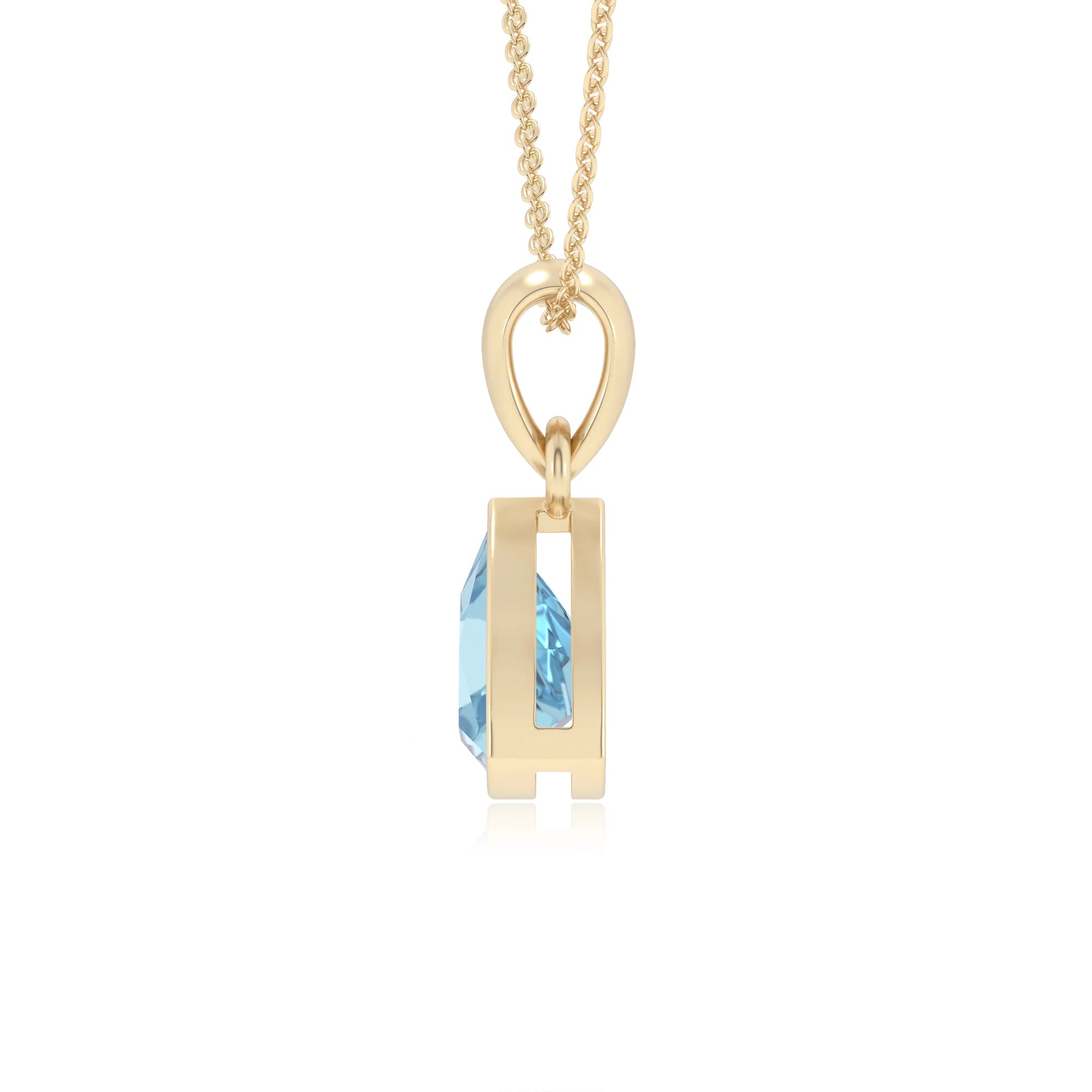 lab grown aquamarine trillion solitaire necklaces in yellow gold