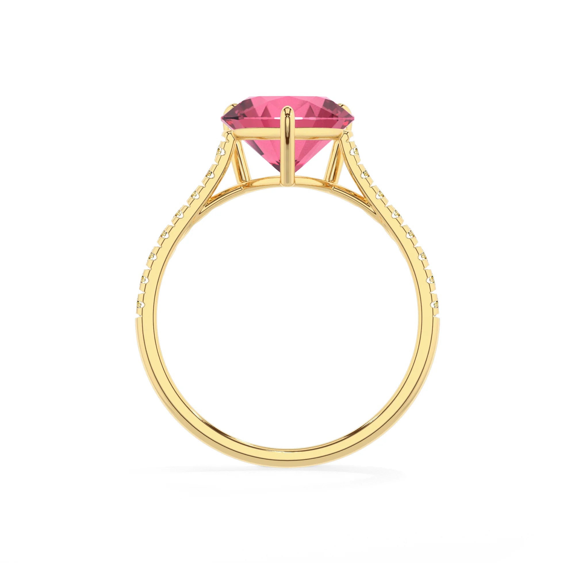lab grown pink-tourmaline heart half eternity solitaire engagement rings in yellow gold