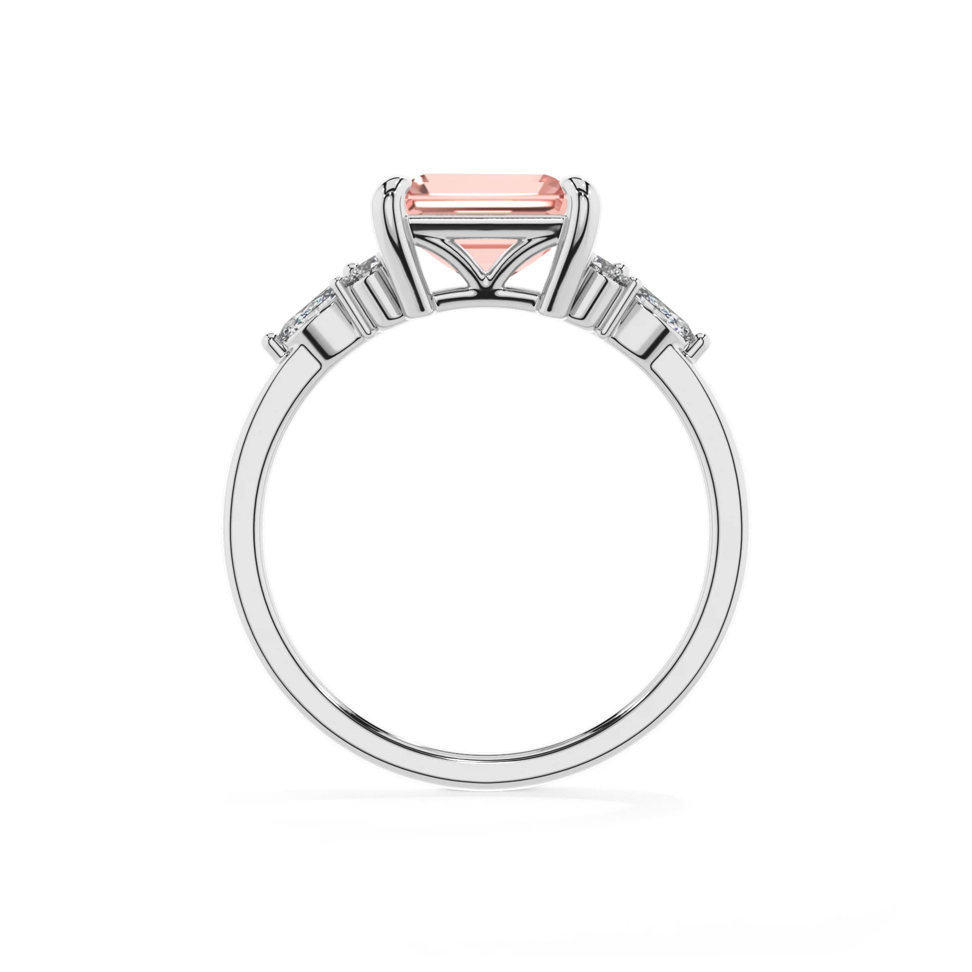 lab grown morganite emerald cut solitaire rings in white gold