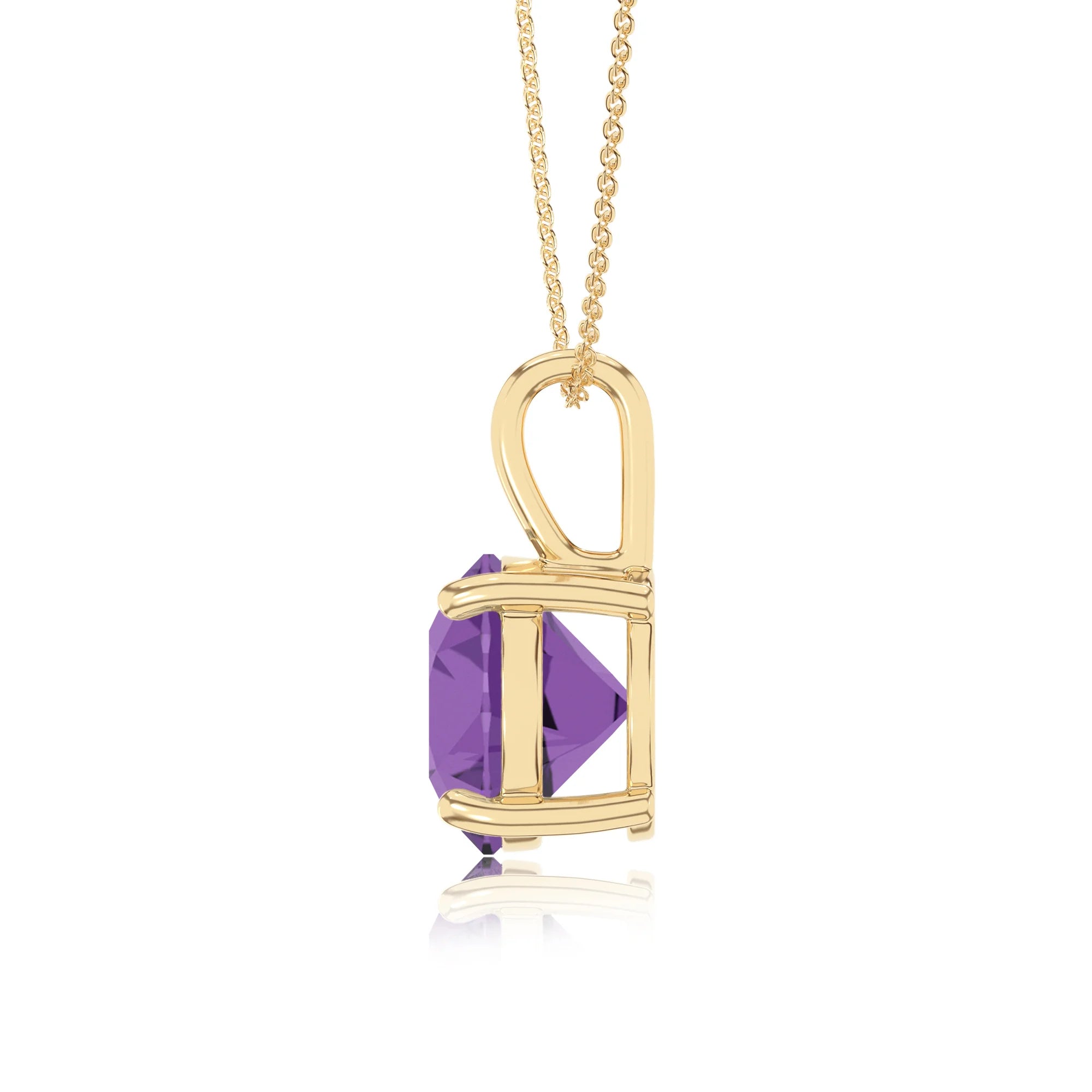 lab grown amethyst round solitaire necklaces in yellow gold