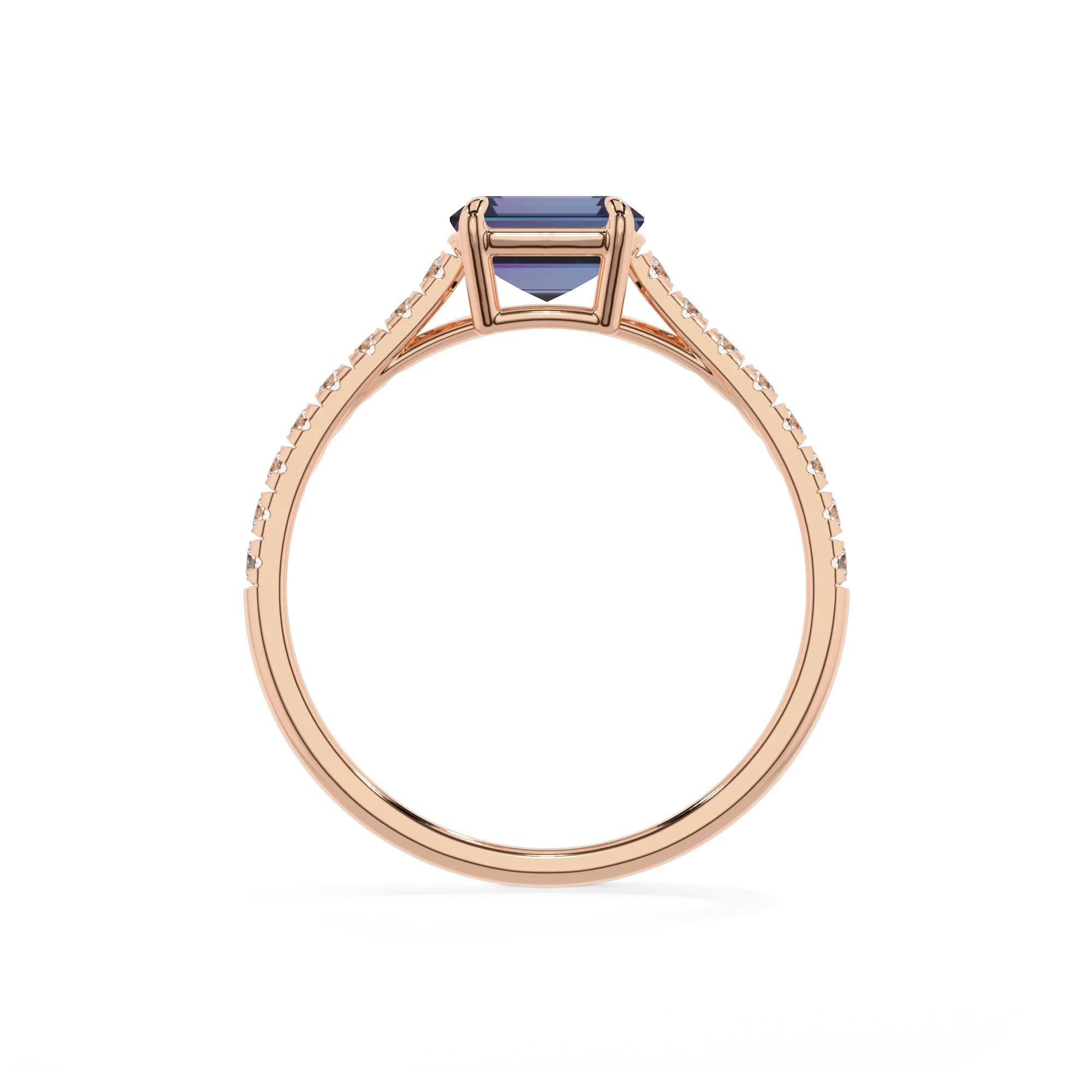 lab grown alexandrite emerald cut half eternity solitaire engagement rings in rose gold