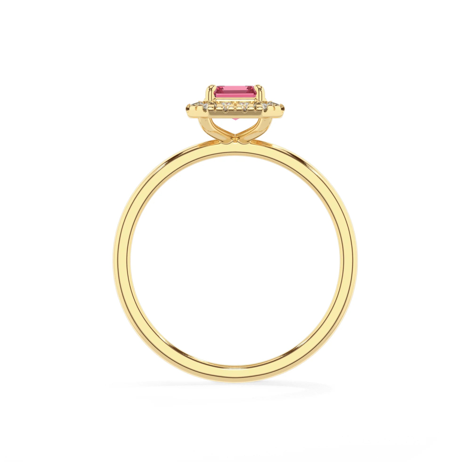 lab grown pink-tourmaline emerald cut solitaire rings in yellow gold