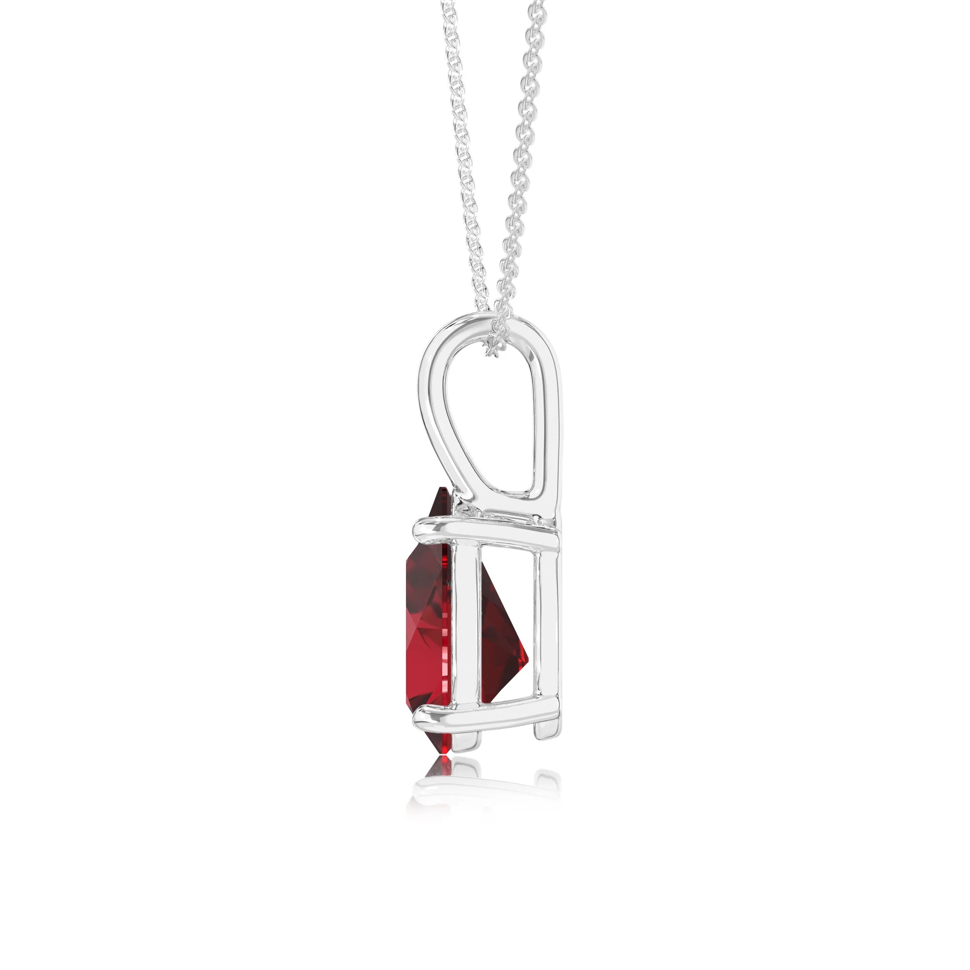 lab grown ruby pear solitaire necklaces in sterling silver