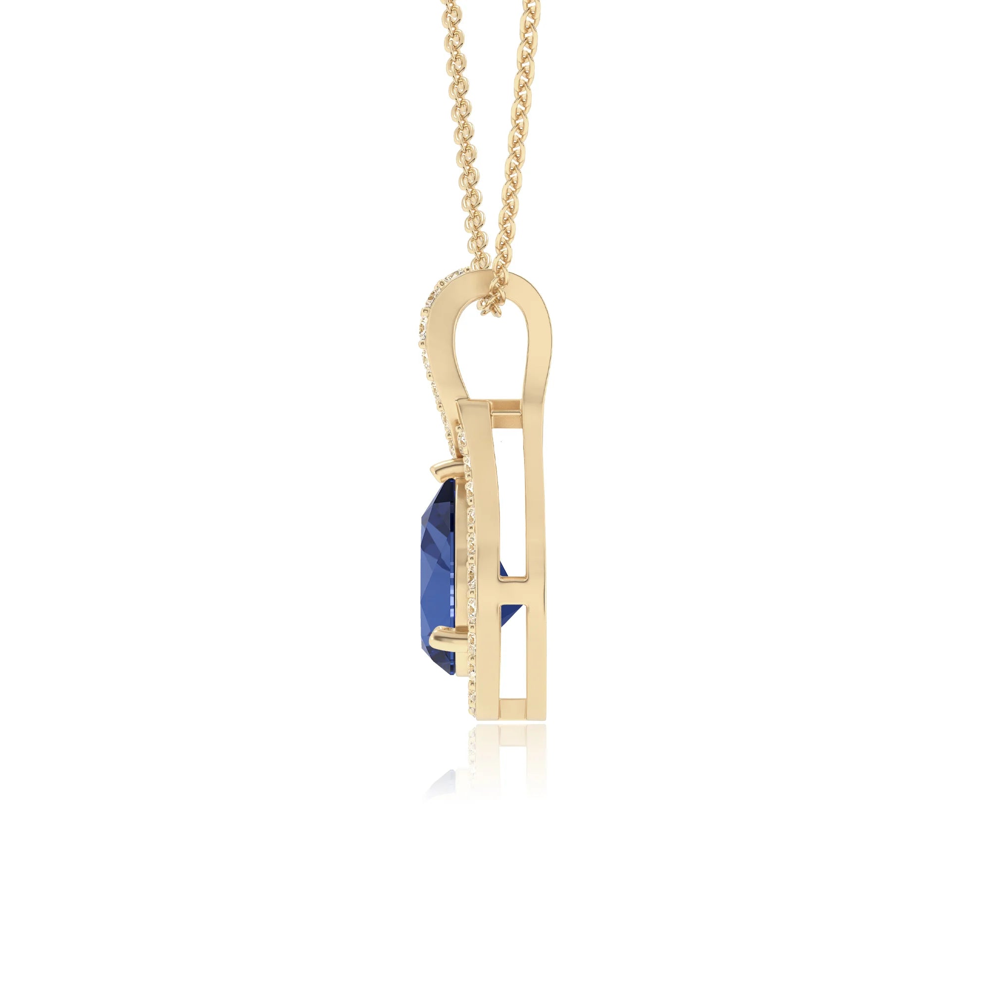 lab grown blue-sapphire pear solitaire necklaces in yellow gold