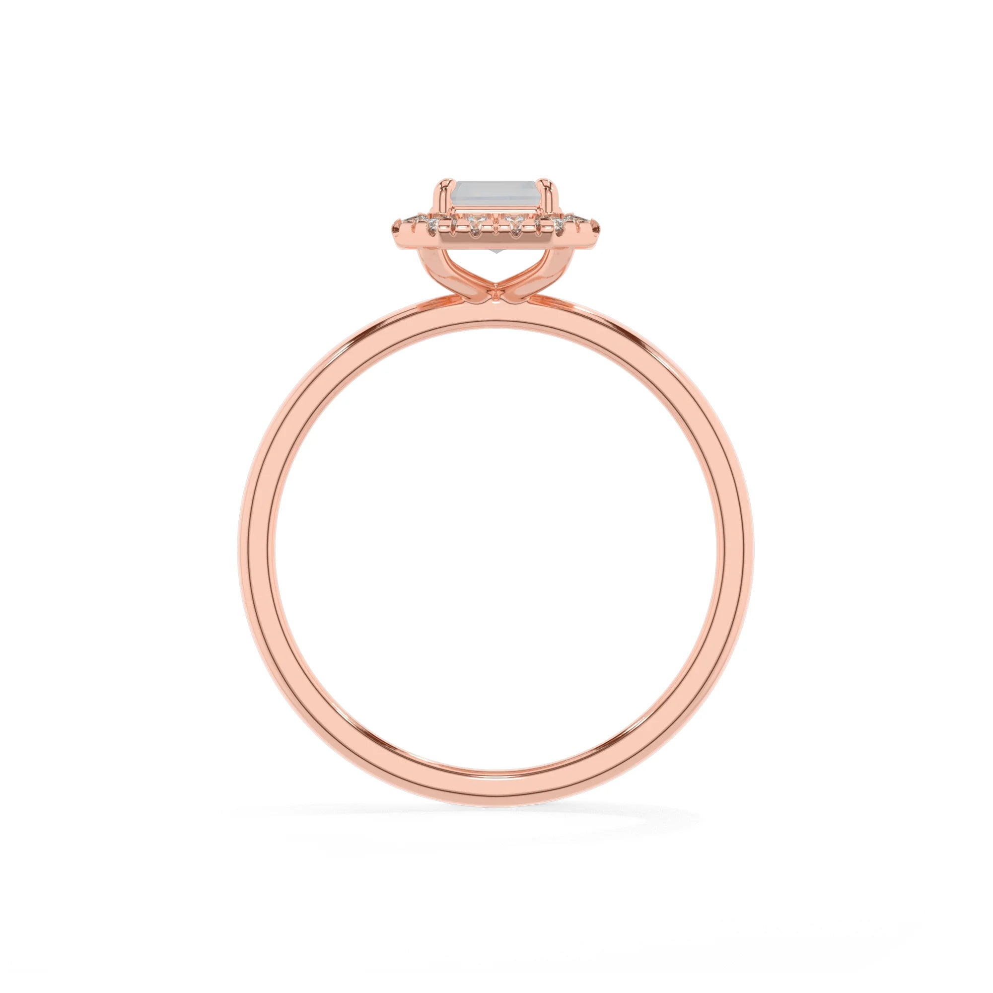 natural rainbow-moonstone emerald cut solitaire rings in rose gold