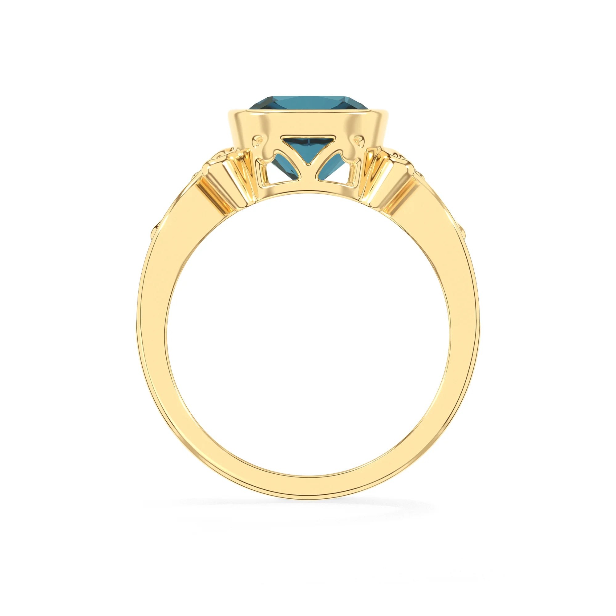 natural london-blue-topaz cushion solitaire rings in yellow gold