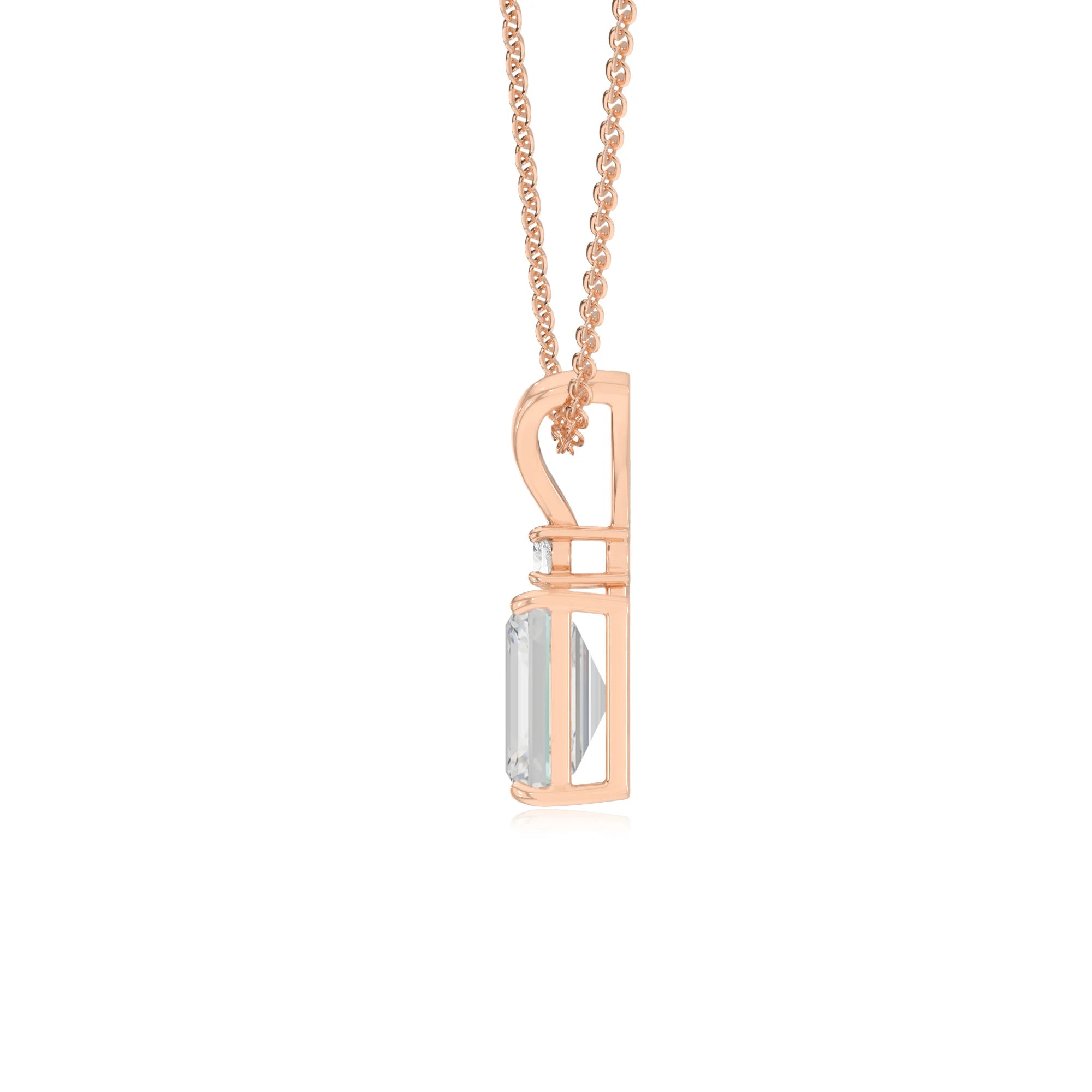lab grown moissanite emerald cut solitaire v-bale necklaces in rose gold