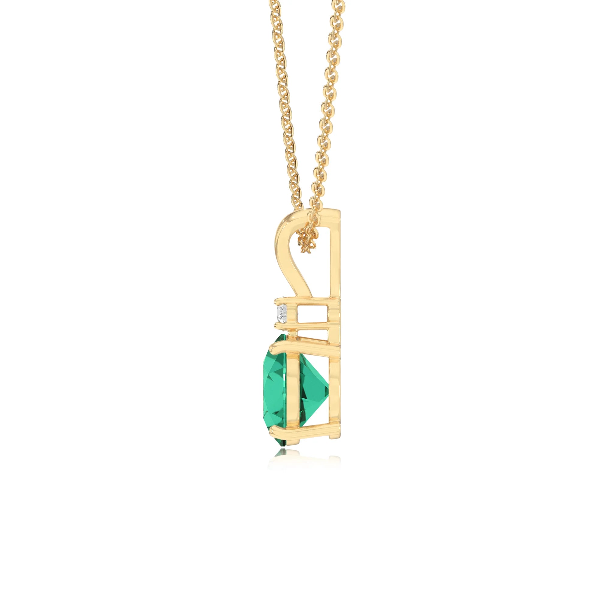 lab grown emerald round solitaire v-bale necklaces in yellow gold