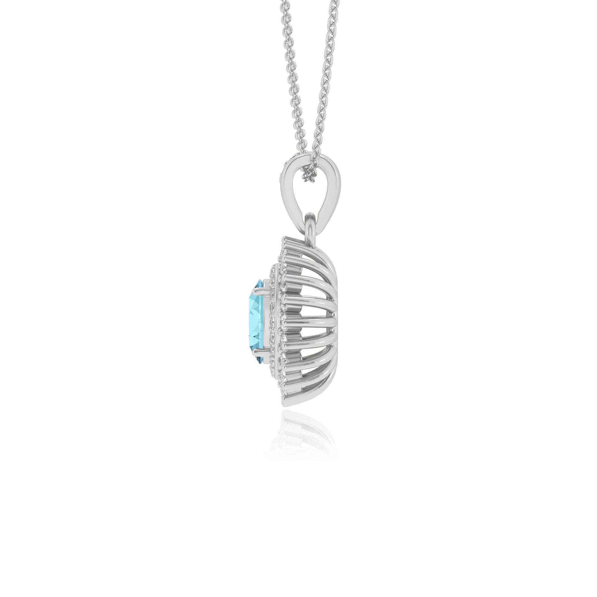 lab grown aquamarine oval halo necklaces in sterling silver