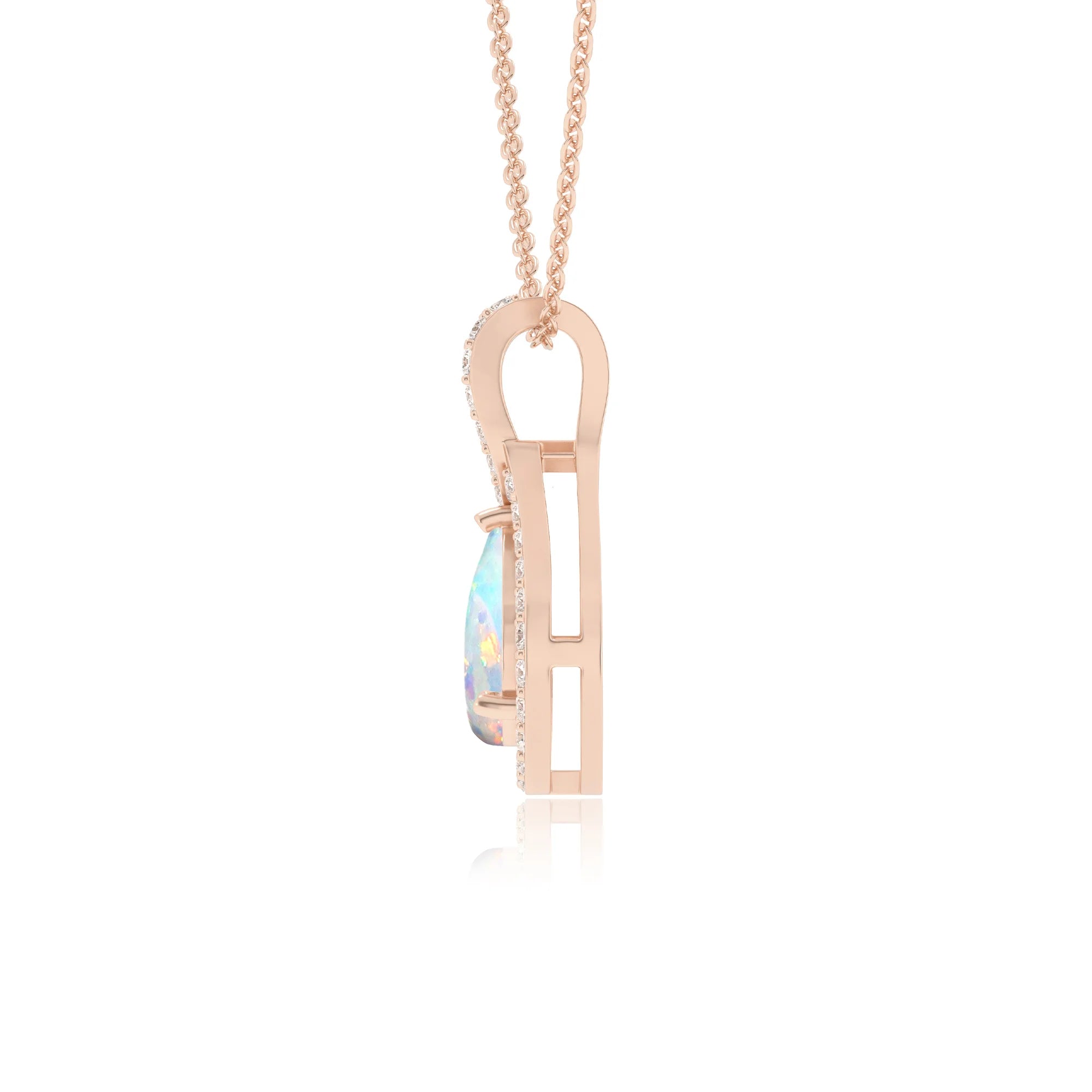 lab grown opal pear solitaire necklaces in rose gold