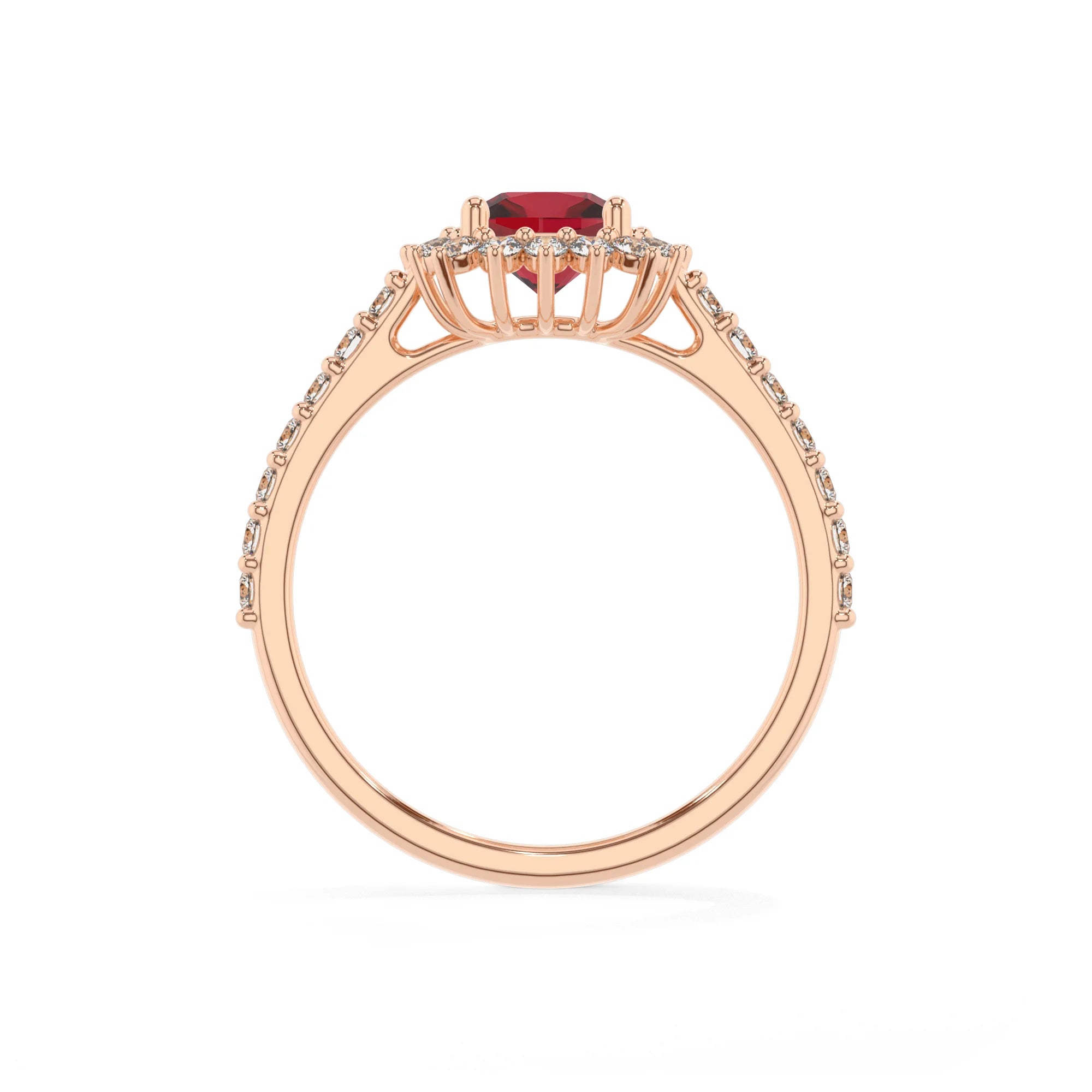 lab grown ruby cushion solitaire rings in rose gold