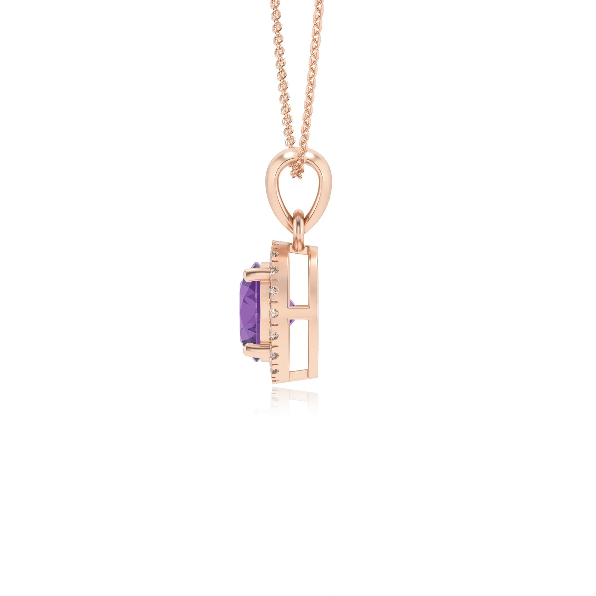 lab grown amethyst round solitaire necklaces in rose gold