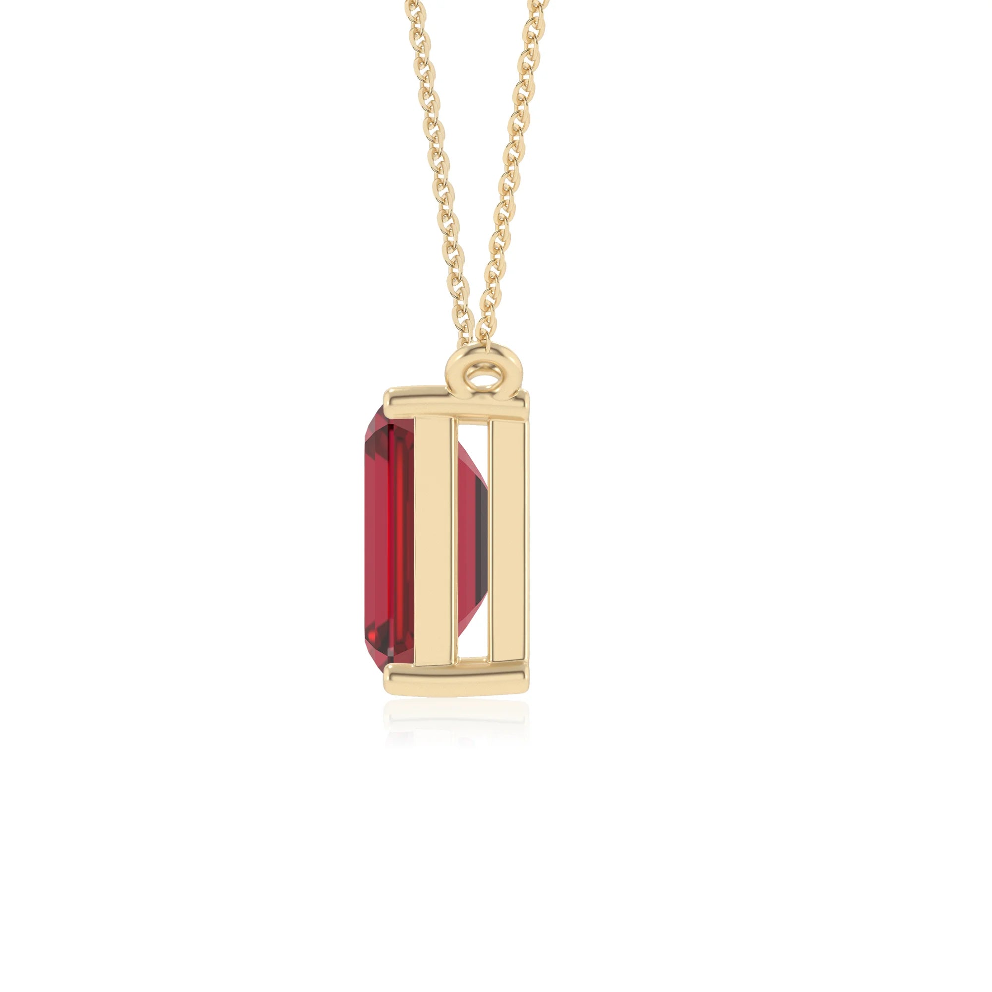 lab grown ruby emerald cut solitaire necklaces in yellow gold