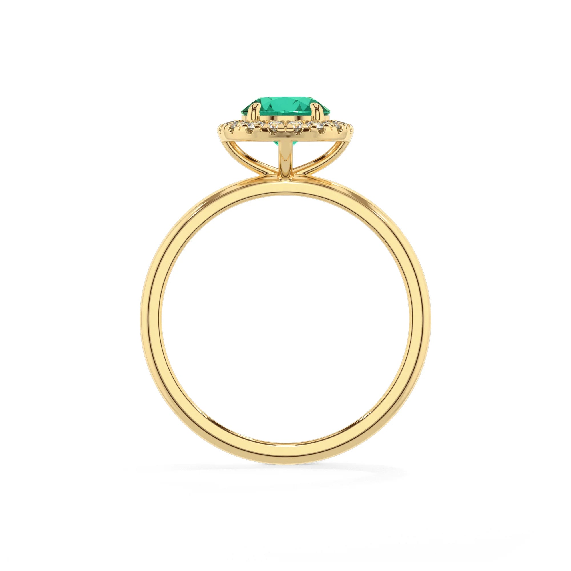 lab grown emerald round solitaire rings in yellow gold