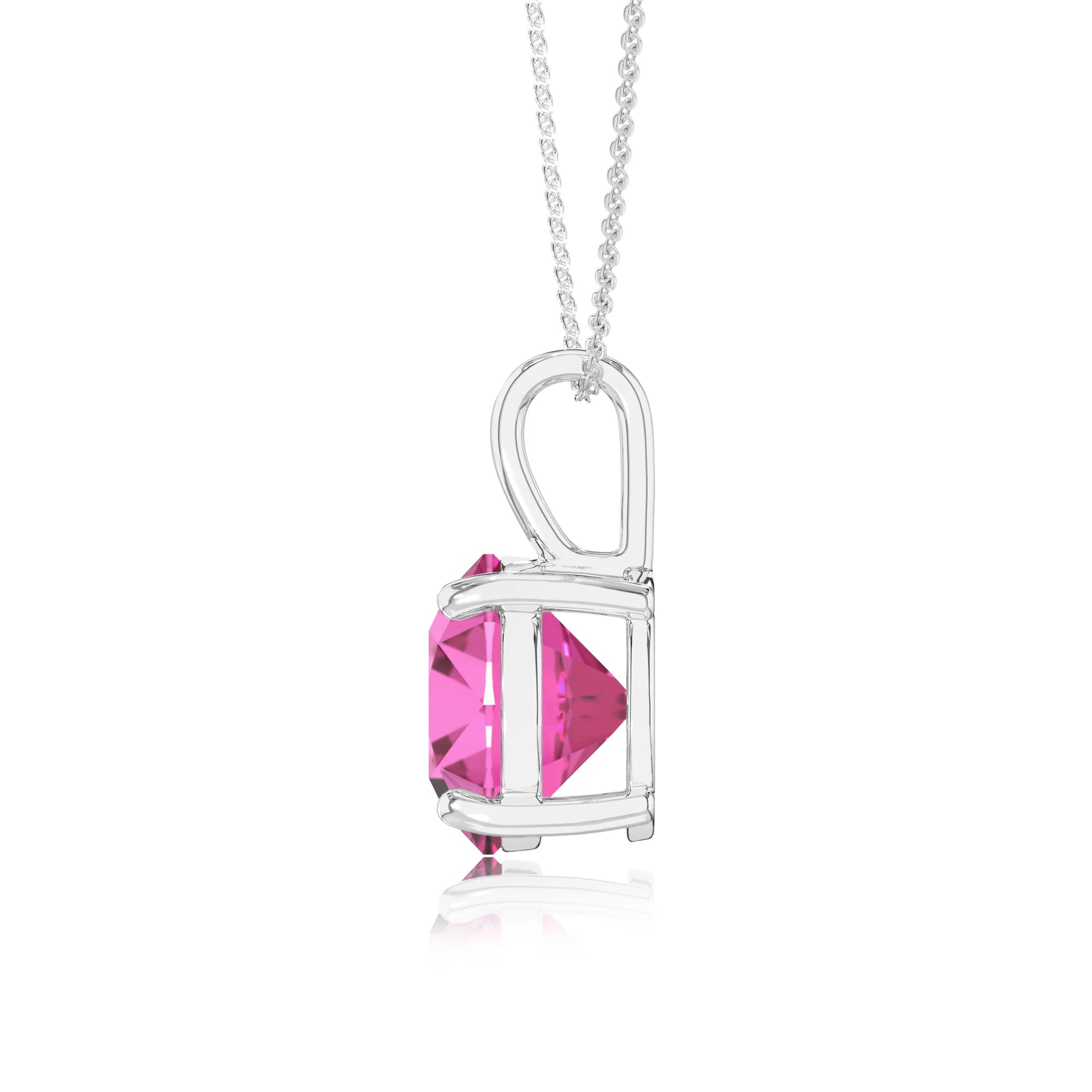 lab grown pink-sapphire round solitaire necklaces in white gold