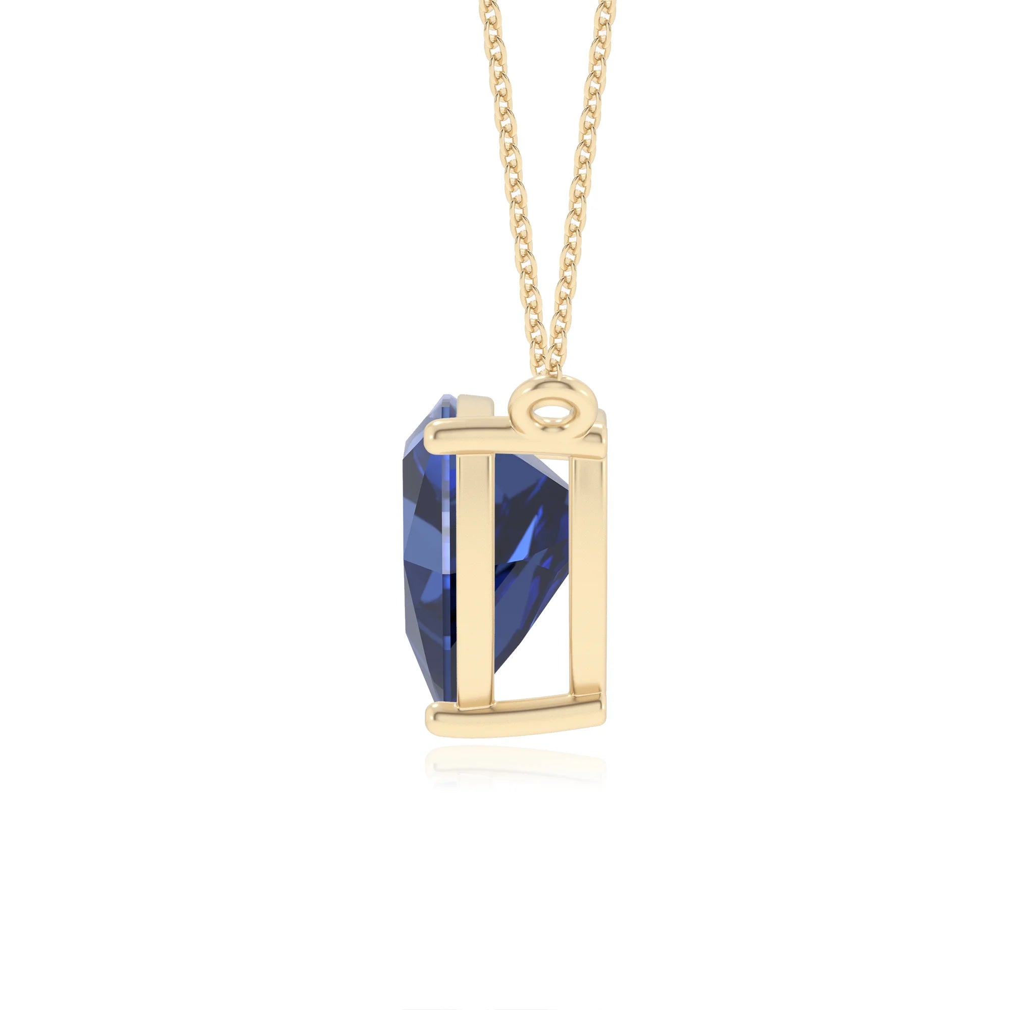 lab grown blue-sapphire trillion solitaire necklaces in yellow gold