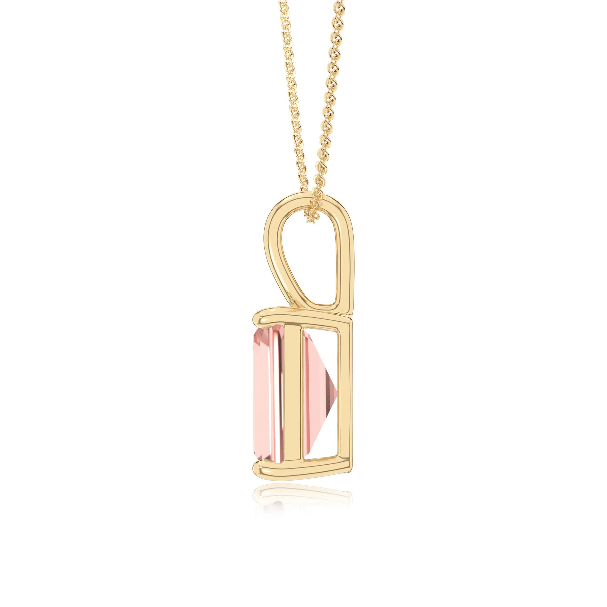 lab grown morganite emerald cut solitaire necklaces in yellow gold