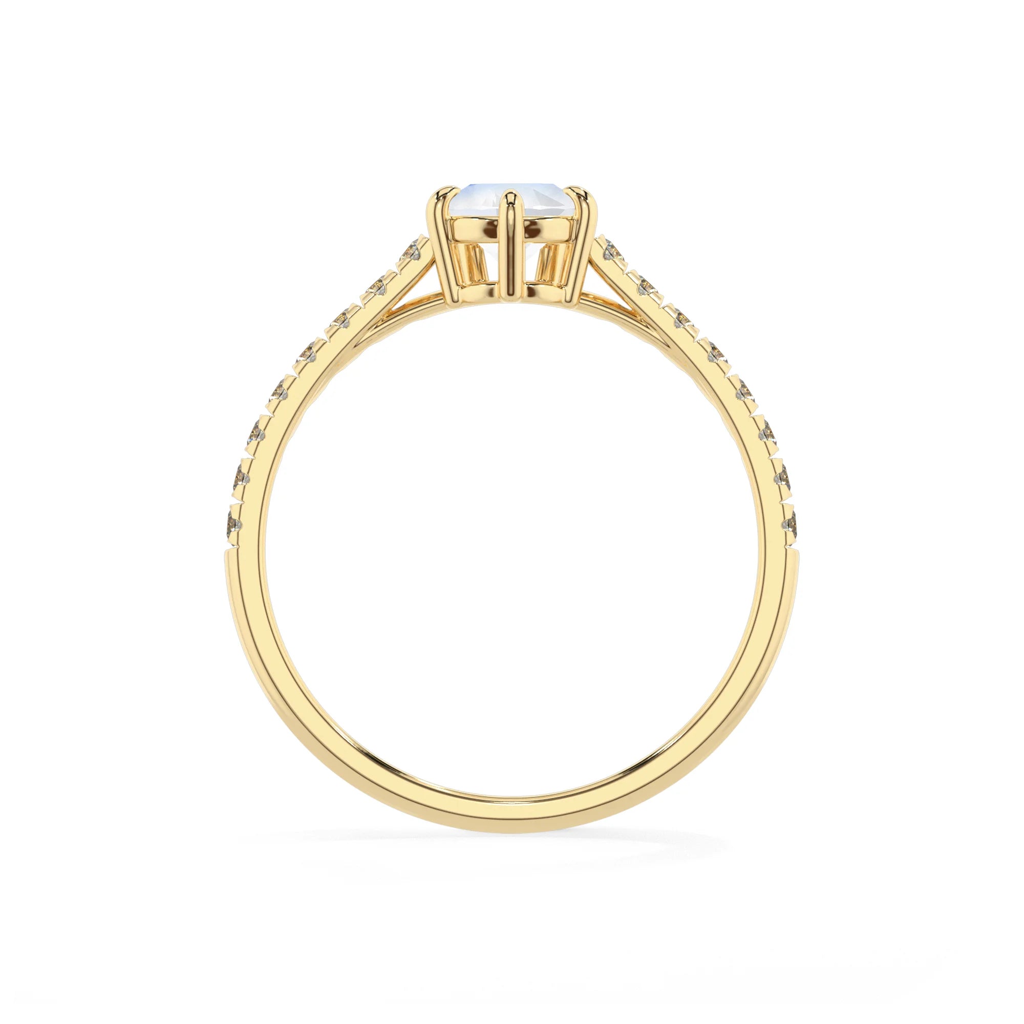 natural rainbow-moonstone pear half eternity solitaire engagement rings in yellow gold