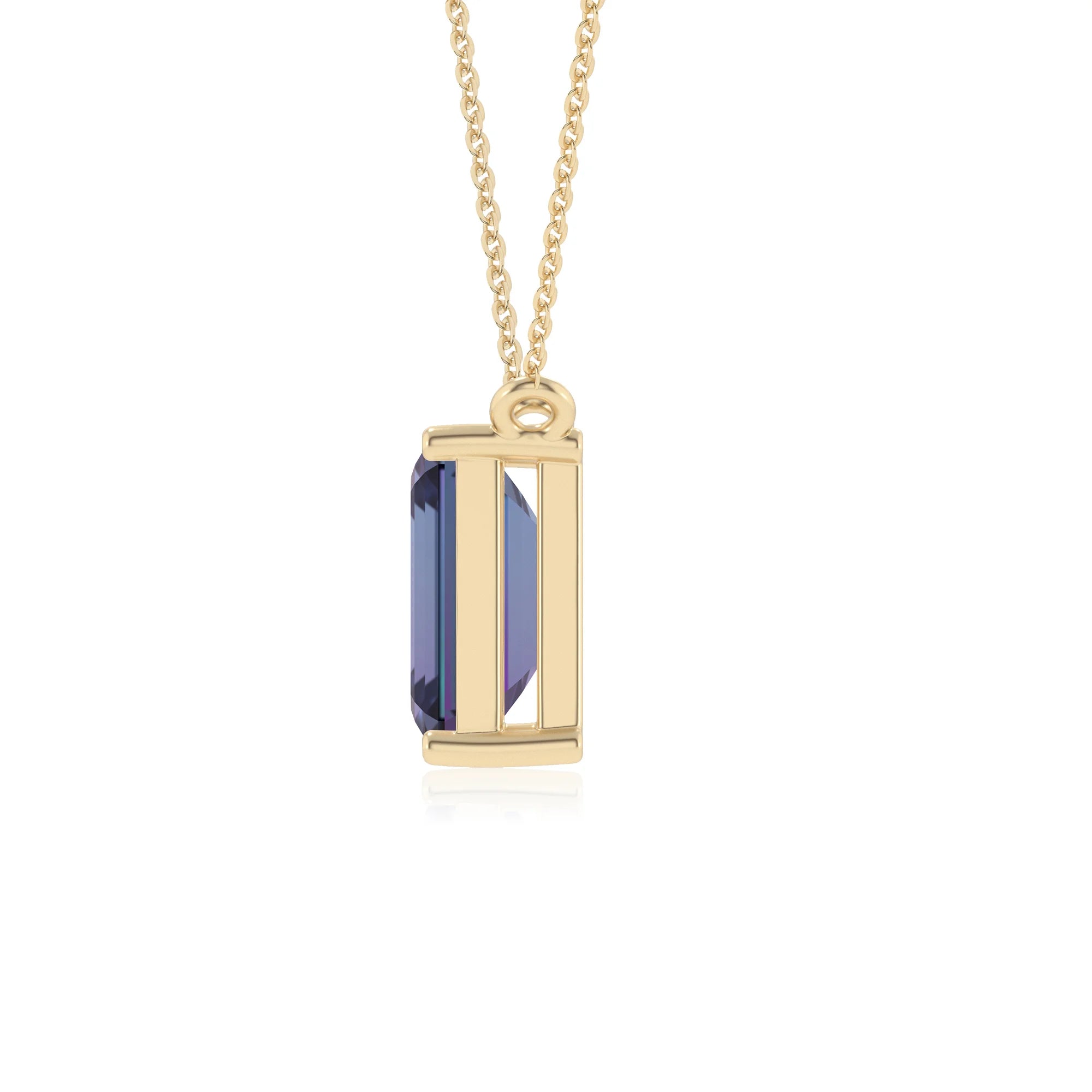 lab grown alexandrite emerald cut solitaire necklaces in yellow gold