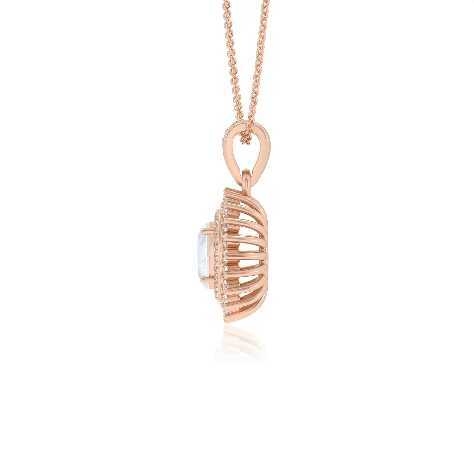 natural rainbow-moonstone oval halo necklaces in rose gold
