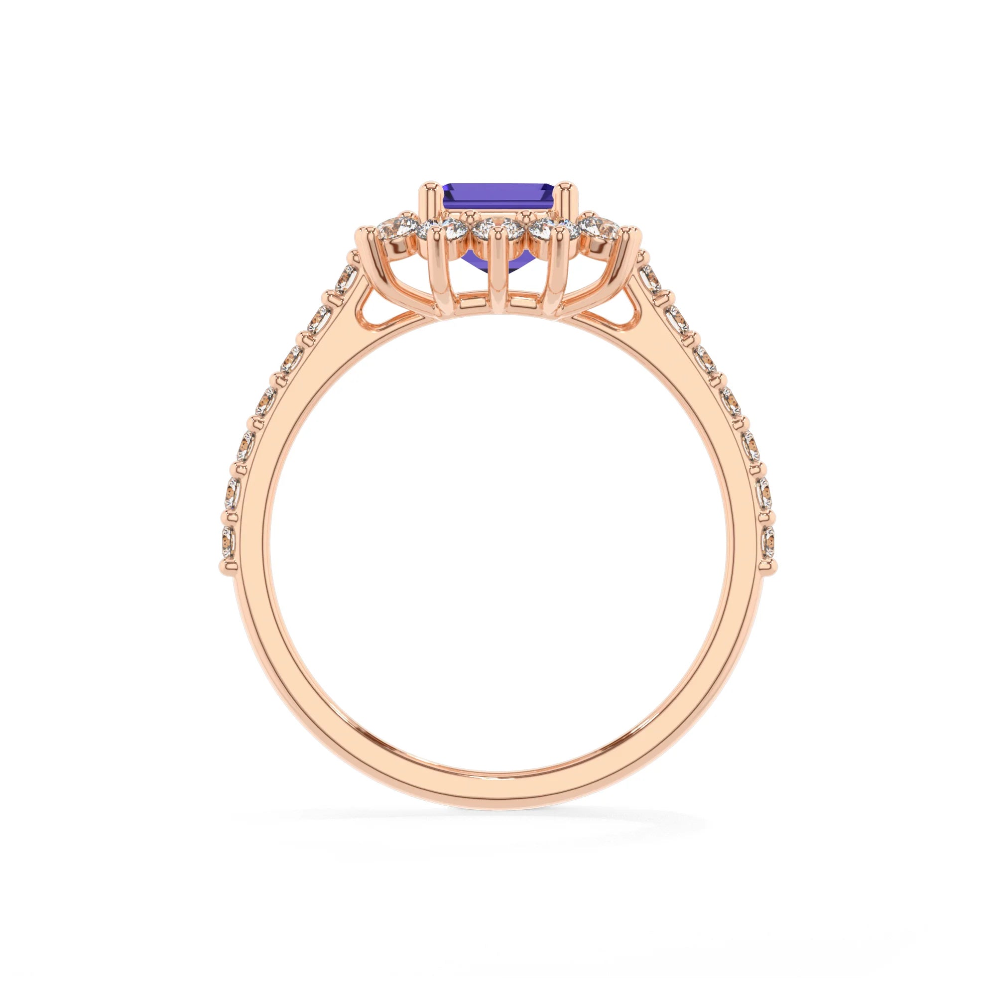 lab grown tanzanite emerald cut solitaire rings in rose gold