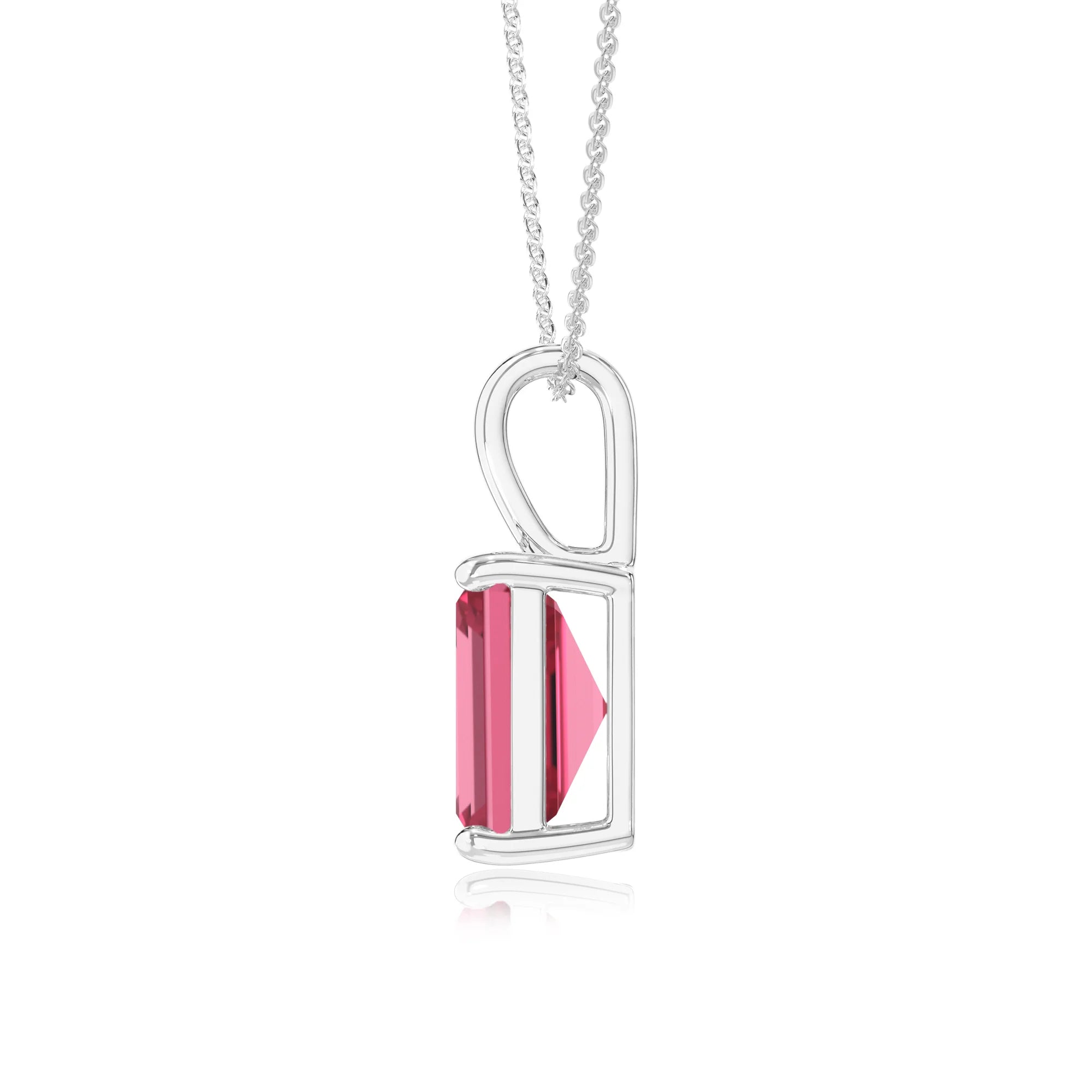 lab grown pink-tourmaline emerald cut solitaire necklaces in white gold